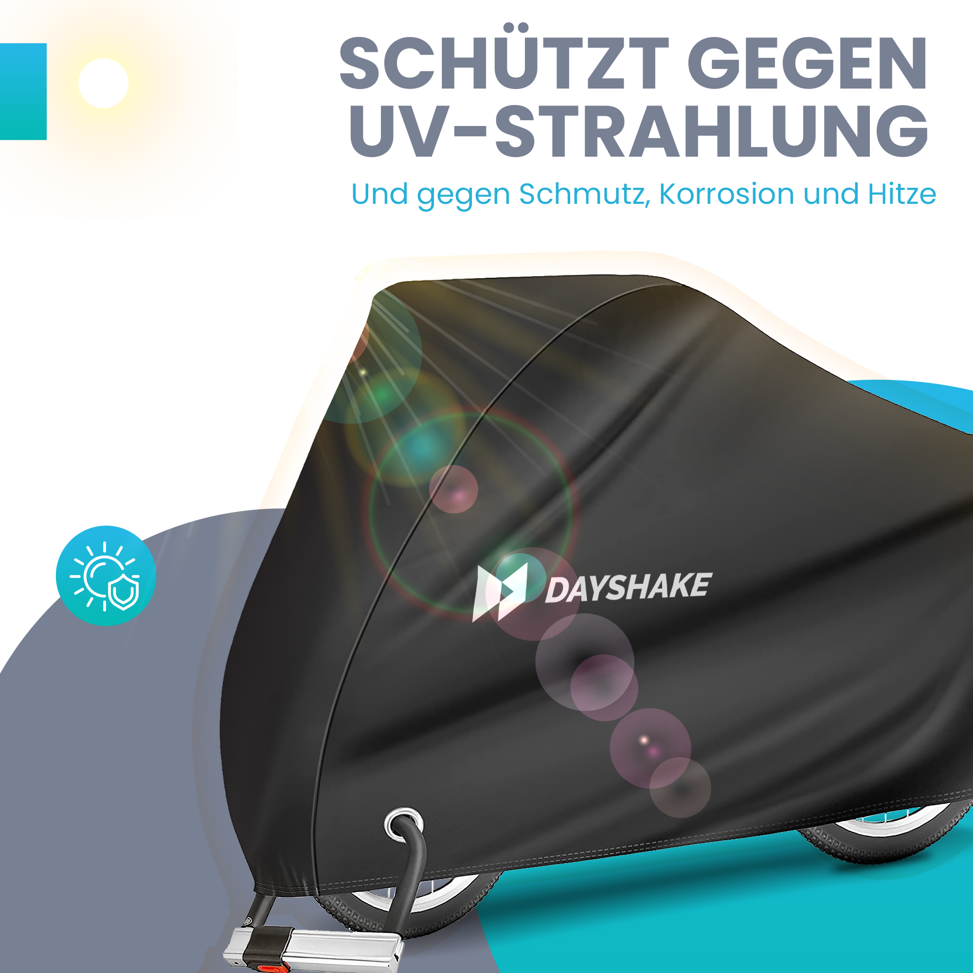 Ein Fahrrad, das von einer schwarzen Schutzhülle bedeckt ist. Die Hülle hat ein Dayshake-Logo und Text. Sonne und Licht sind abgebildet.