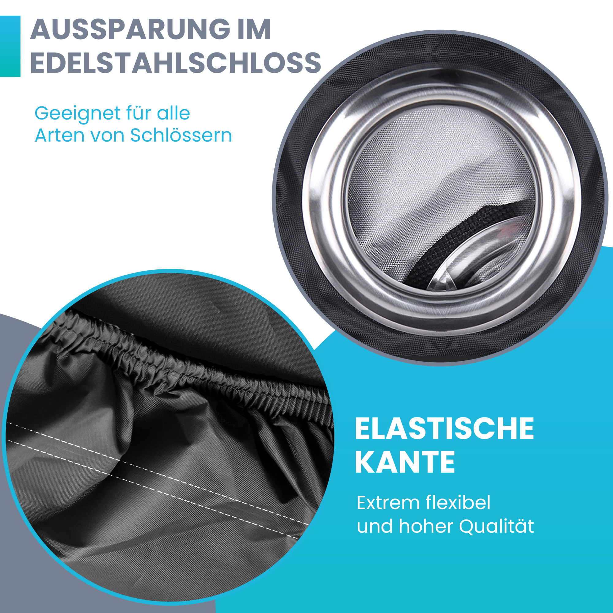 Nahaufnahme einer schwarzen Abdeckung mit Metallring und Text.