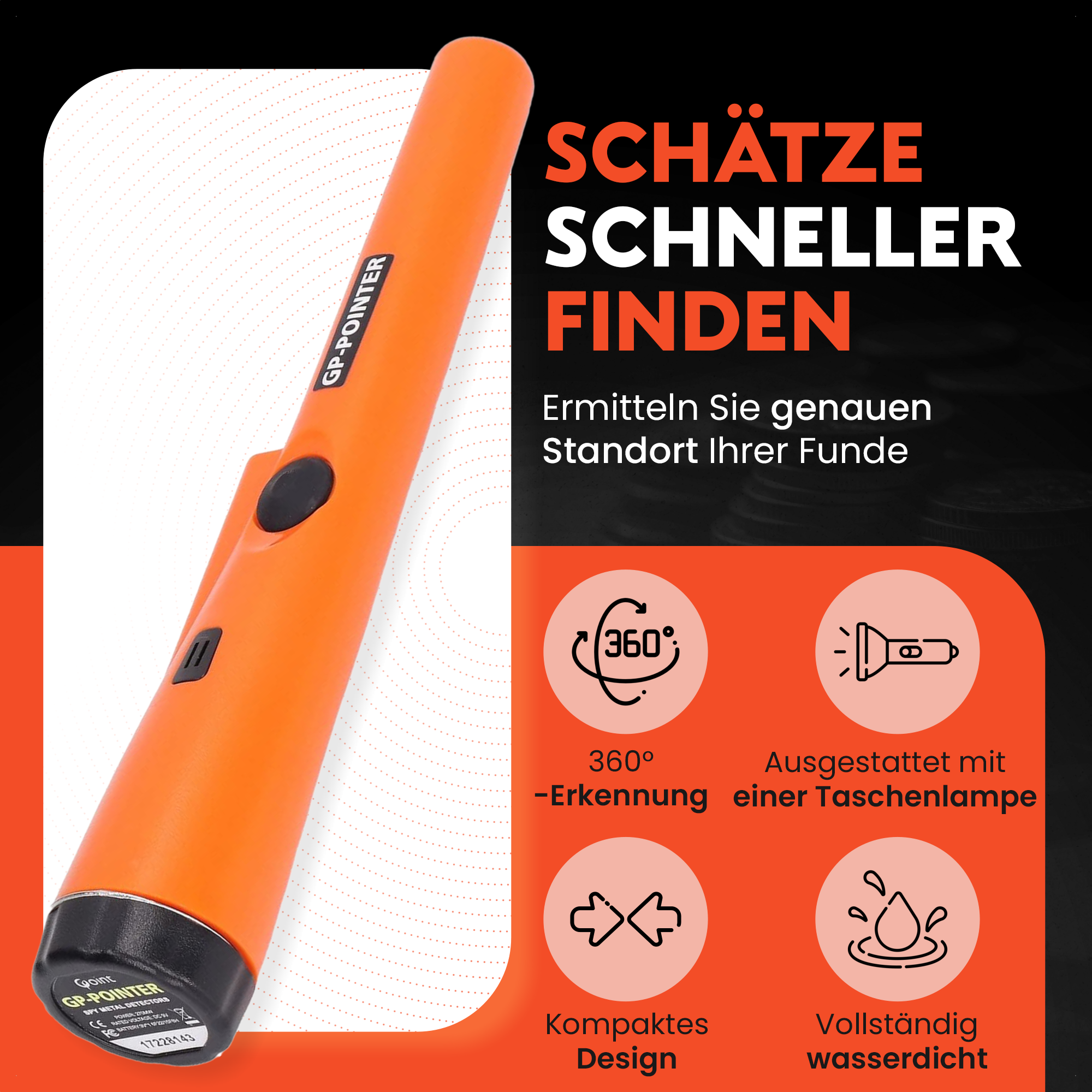 Orangener Metalldetektor mit Text und Symbolen auf schwarzem Hintergrund.
