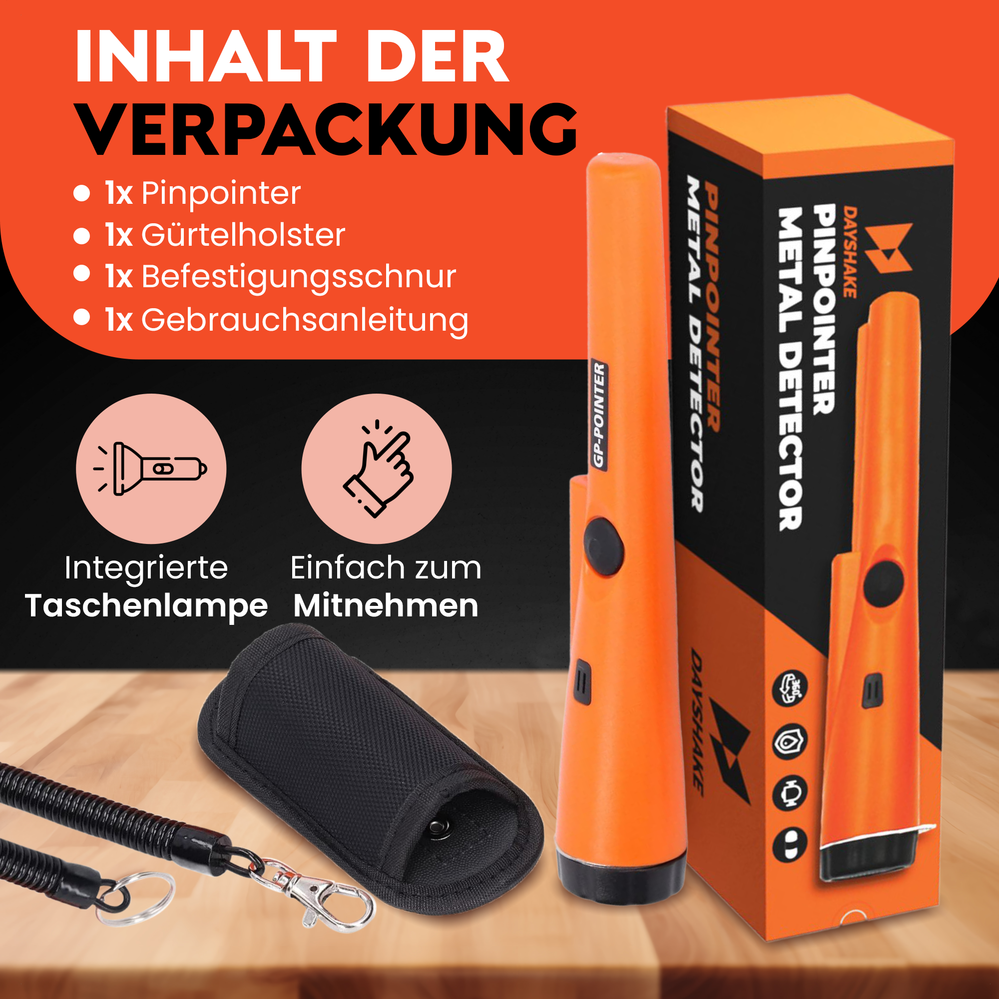 Ein Metalldetektor-Kit mit orangefarbenem Detektor, schwarzem Holster und anderem Zubehör auf Weiß.