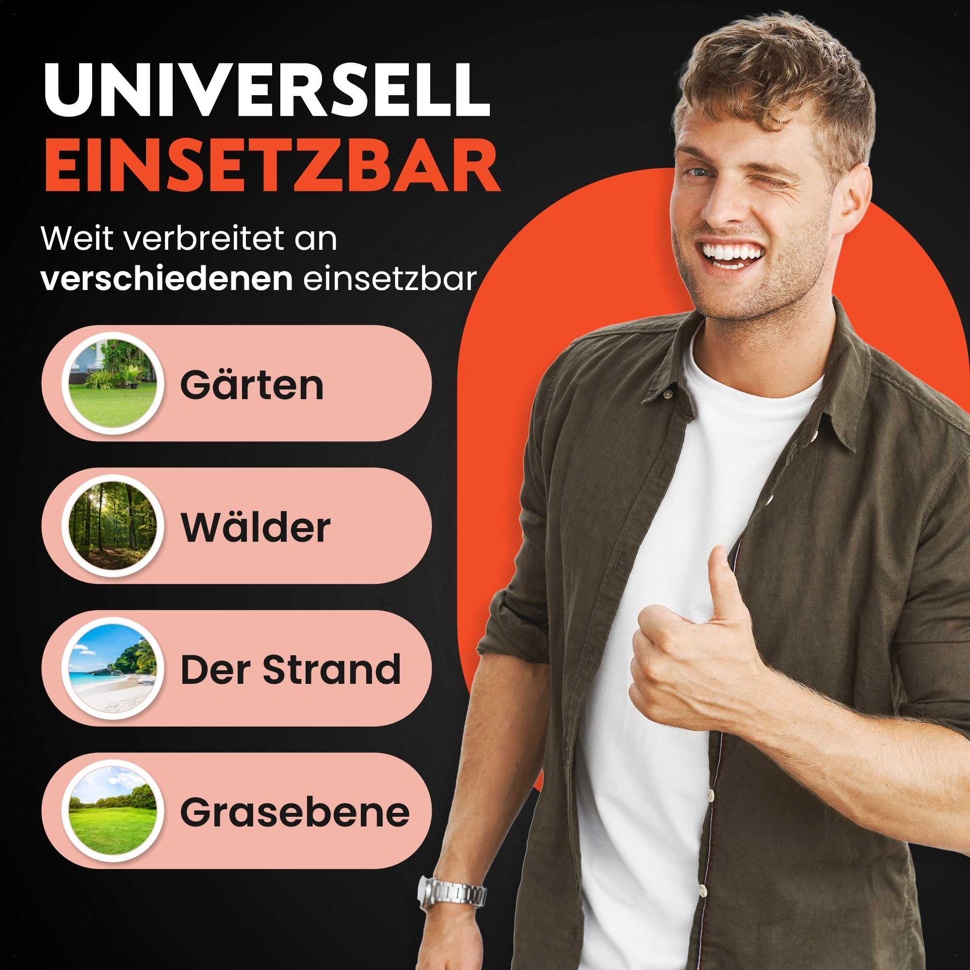 Ein Mann gibt Daumen hoch. Text: Universell Einsetzbar. Bilder: Gärten, Wälder, Der Strand, Grasebene.