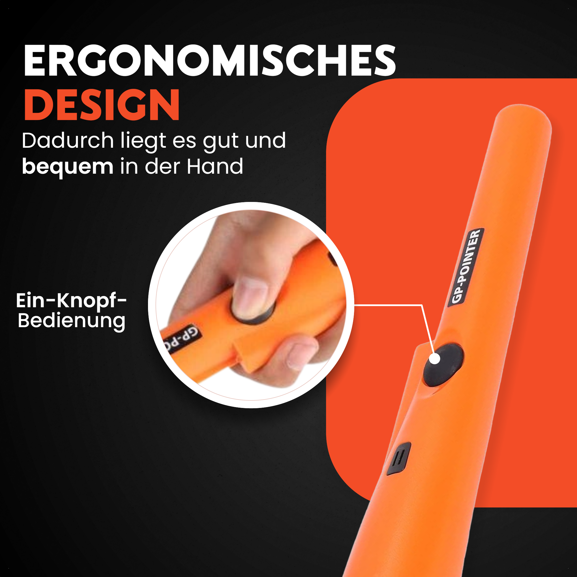 Ein orangefarbener Metalldetektor mit schwarzem Knopf und Text.