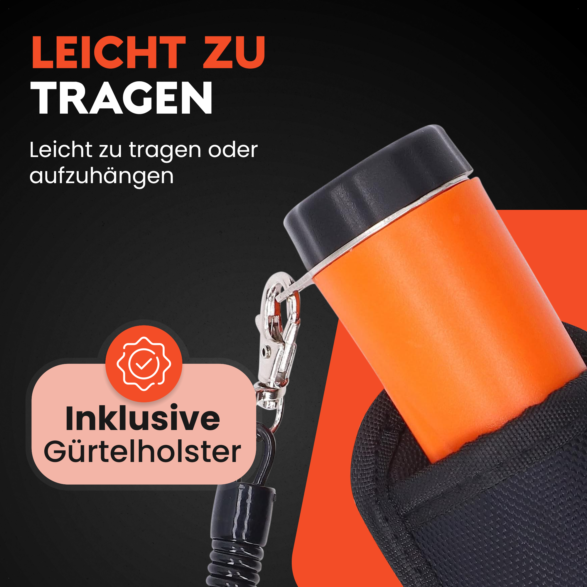 Ein orangefarbenes Objekt in einer Halterung. Die Halterung und der Hintergrund sind schwarz.