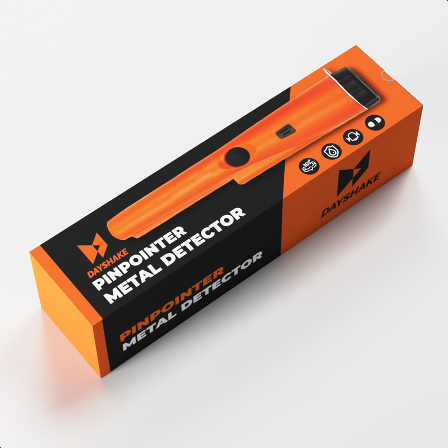 Eine rechteckige orange-schwarze Box mit einem Metalldetektor. Die Box trägt den Namen 'DAYSHAKE'.