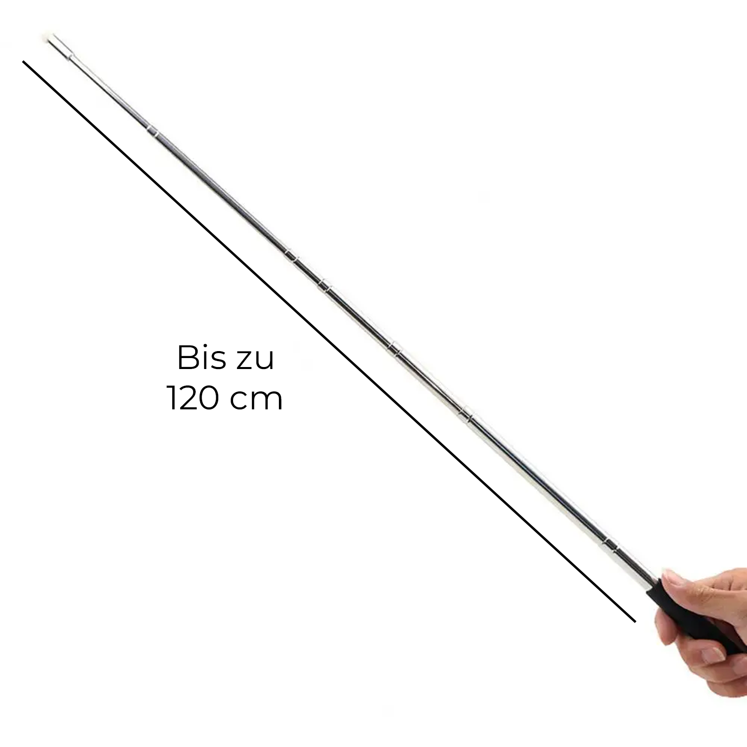 Ausziehbarer Metallstab. Er ist am Griff schwarz. Text: 'Bis zu 120 cm'.