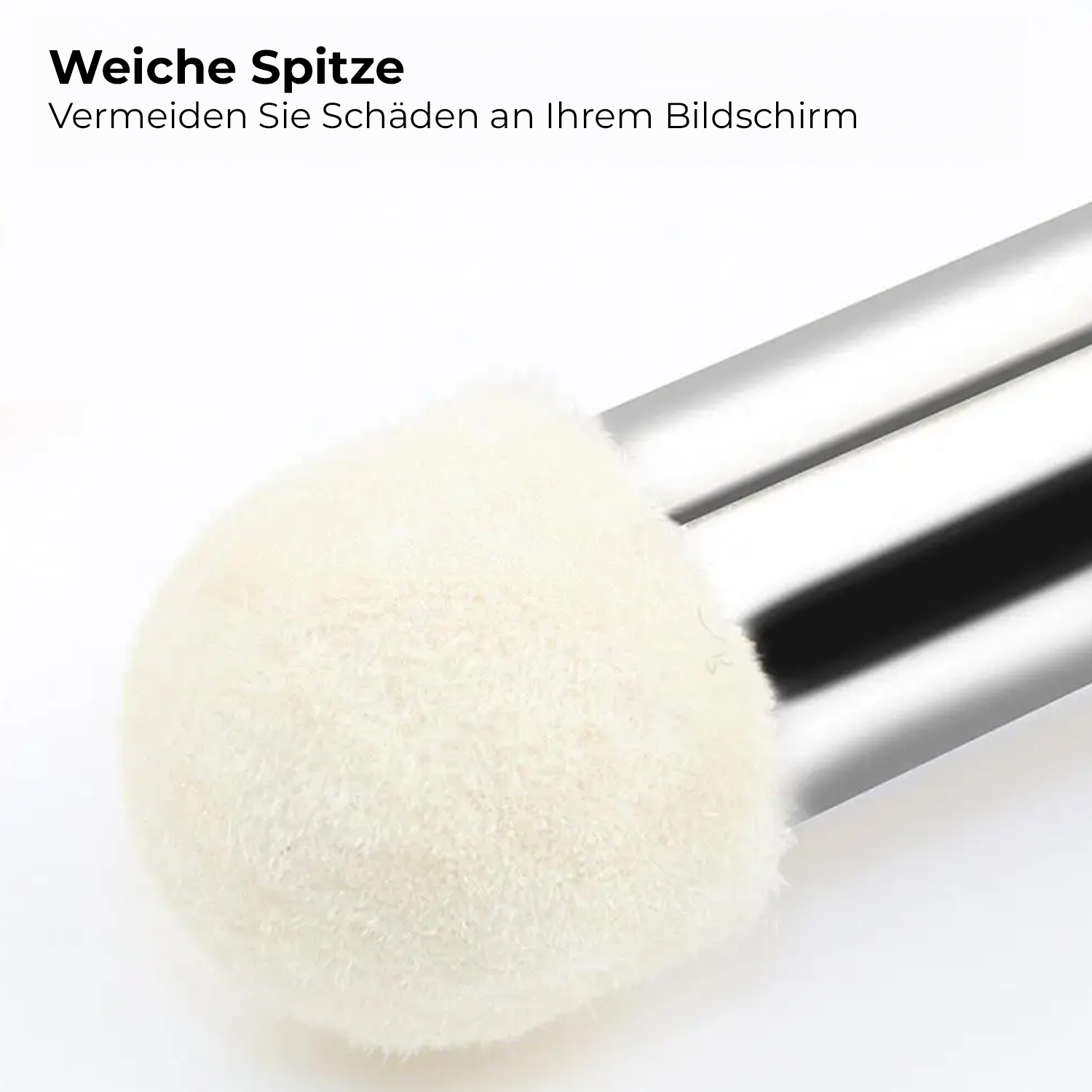 Nahaufnahme einer weichen, flauschigen Spitze, wahrscheinlich zum Reinigen von Bildschirmen, Metall.