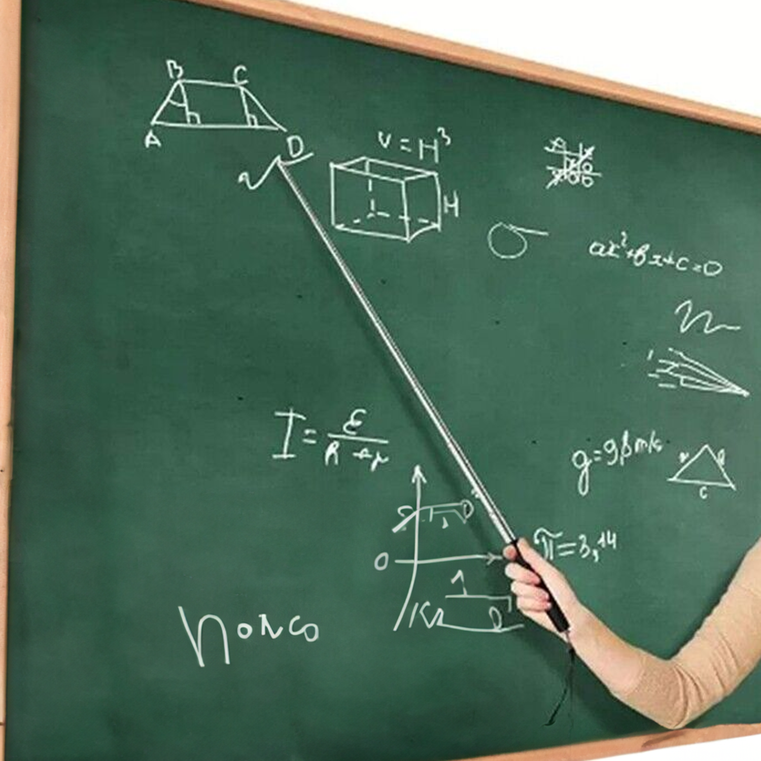 Ein Lehrer zeigt auf eine grüne Tafel mit mathematischen Gleichungen. Hand hält den Zeiger.