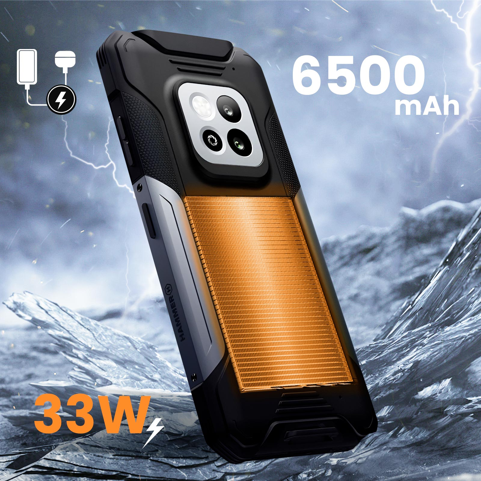 Czarny smartfon z pomarańczowymi akcentami, piorunem i tekstem 6500 mAh na obrazie.