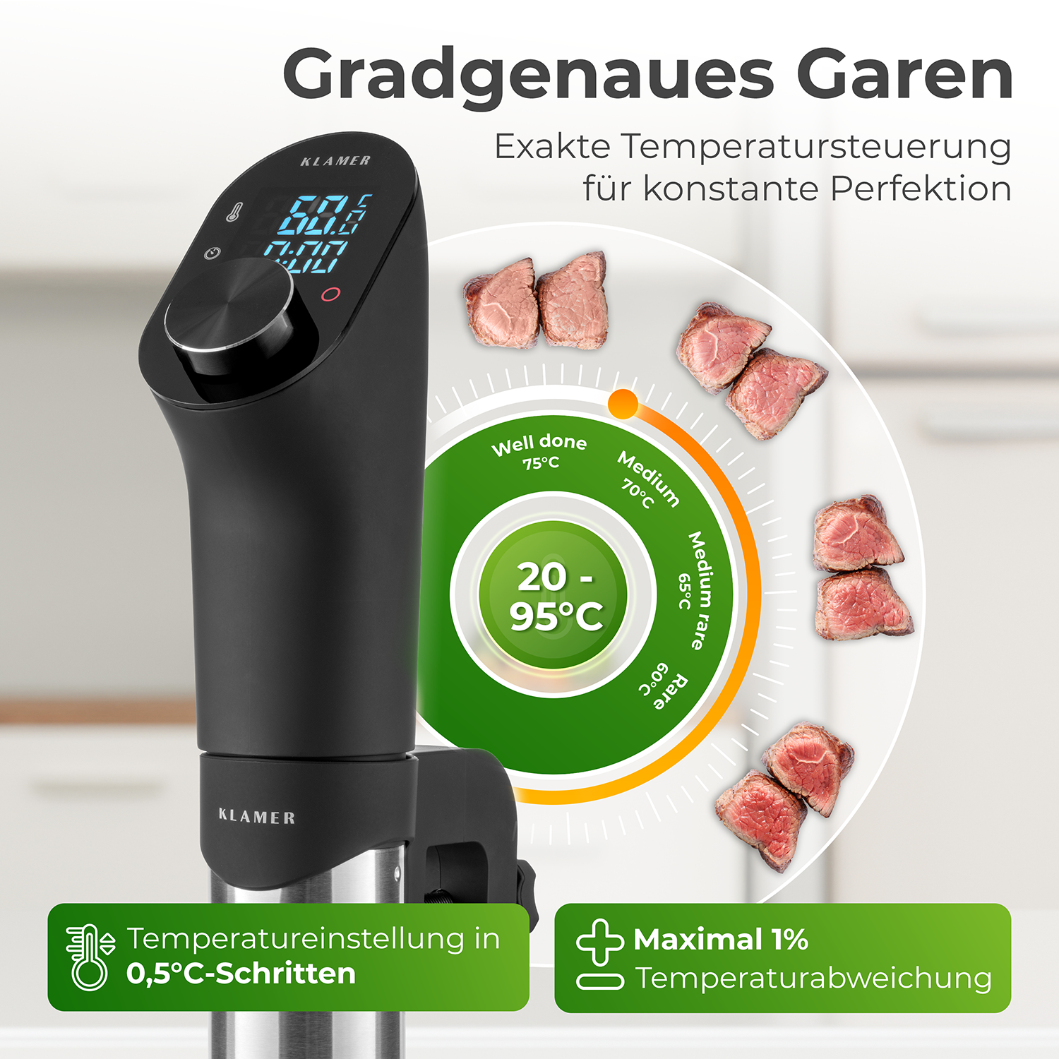 Schwarzes Sous-Vide-Gerät mit Digitalanzeige und Fleischproben, mit Anweisungen.