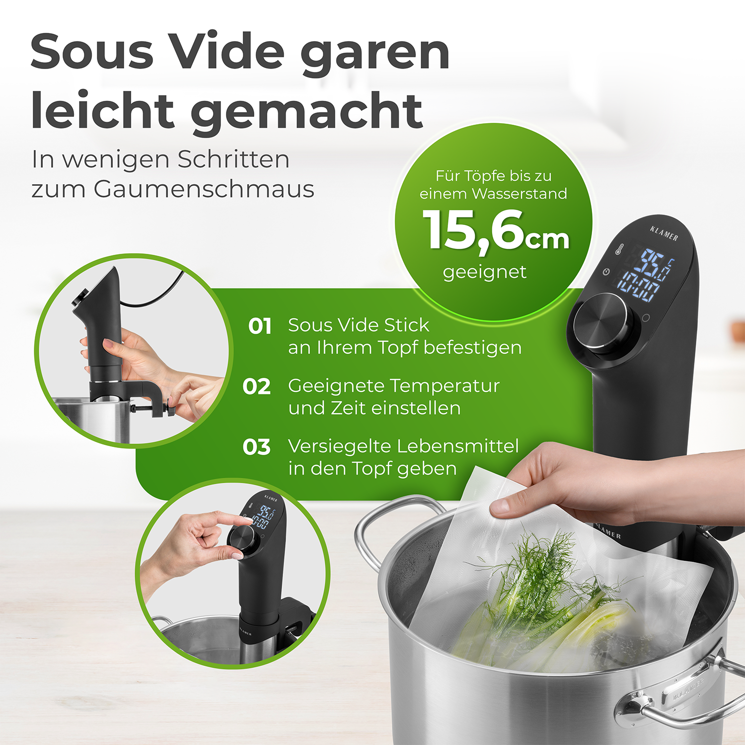 Bild zeigt einen Sous-Vide-Garprozess mit Anweisungen und einem Kochgerät.