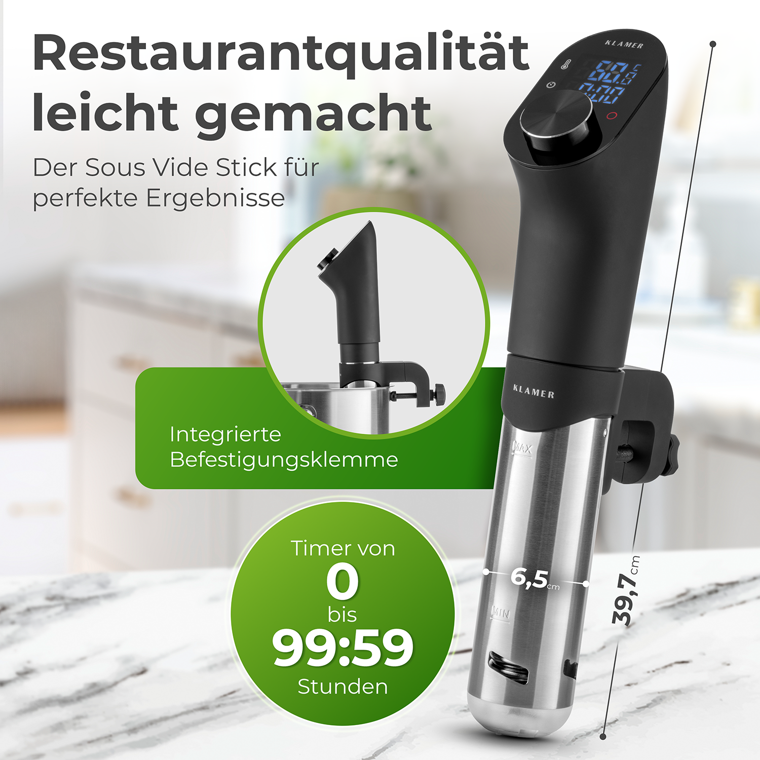 Sous-Vide-Stick, Edelstahl mit schwarzem Oberteil und Display, zeigt Zeit und Temperatur, neben Text.