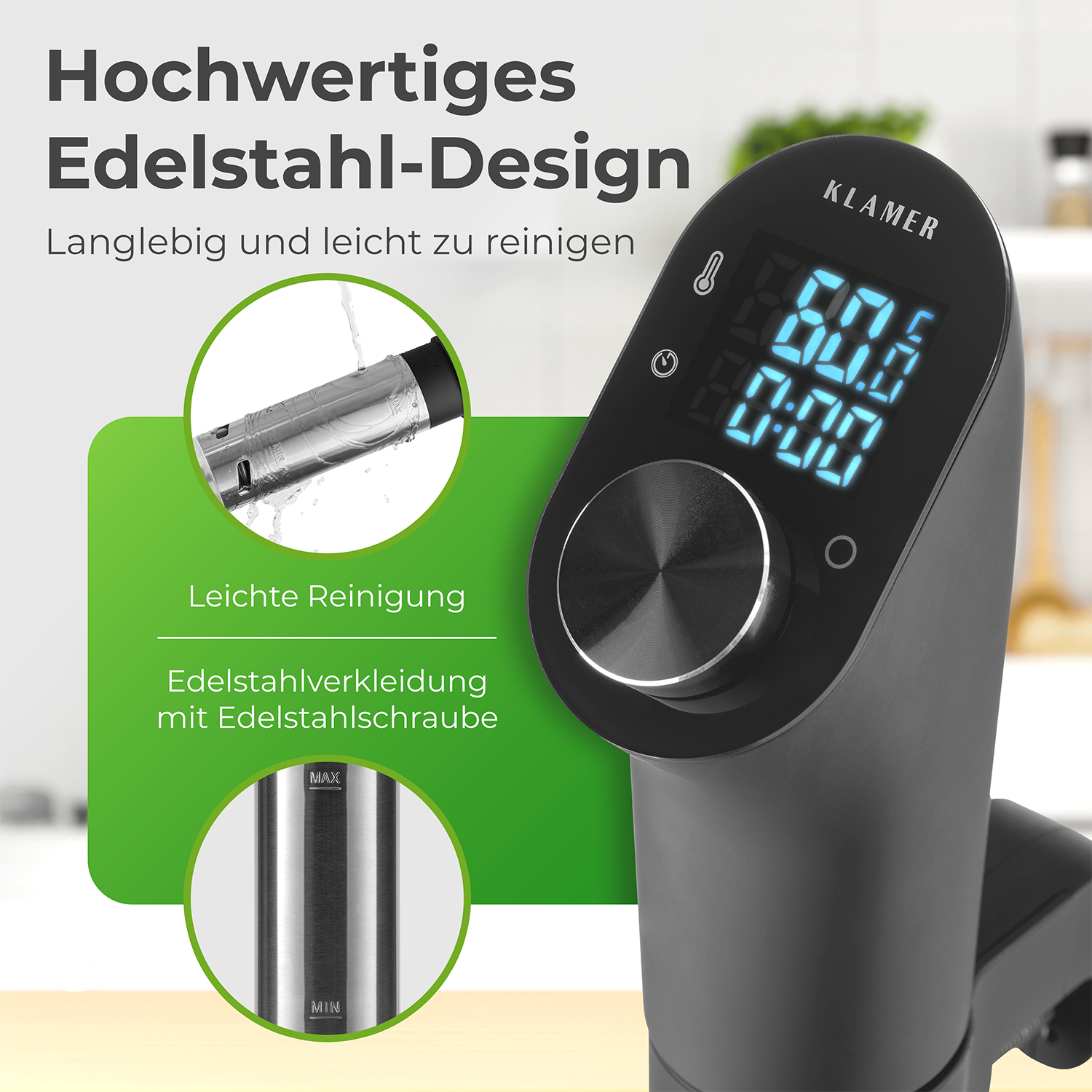 Schwarzes Sous-Vide-Gerät mit digitaler Anzeige und Drehregler. Details sind hervorgehoben.