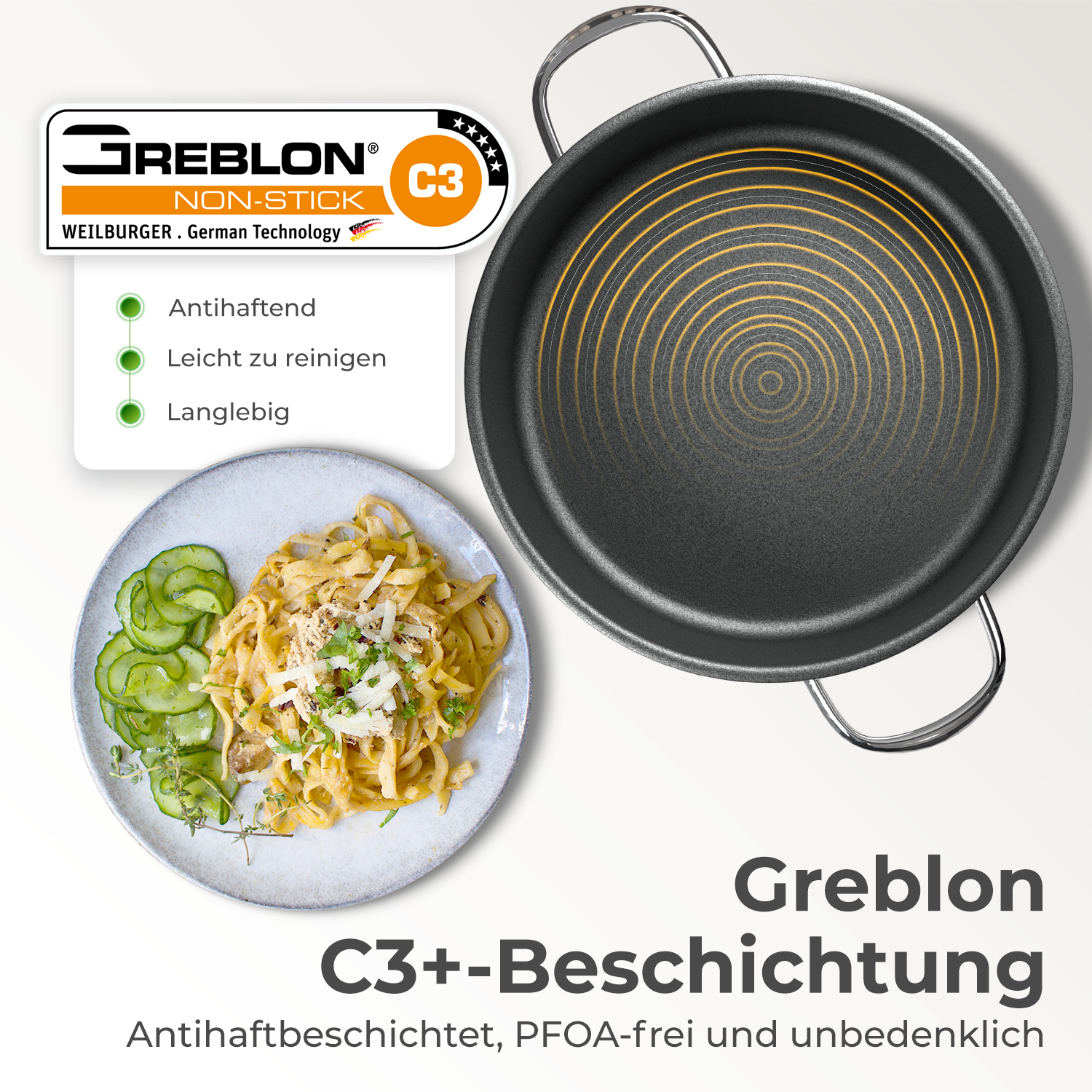 Antihaft-Pfanne mit Essen und Text. Sie ist schwarz und hat eine Antihaftbeschichtung.