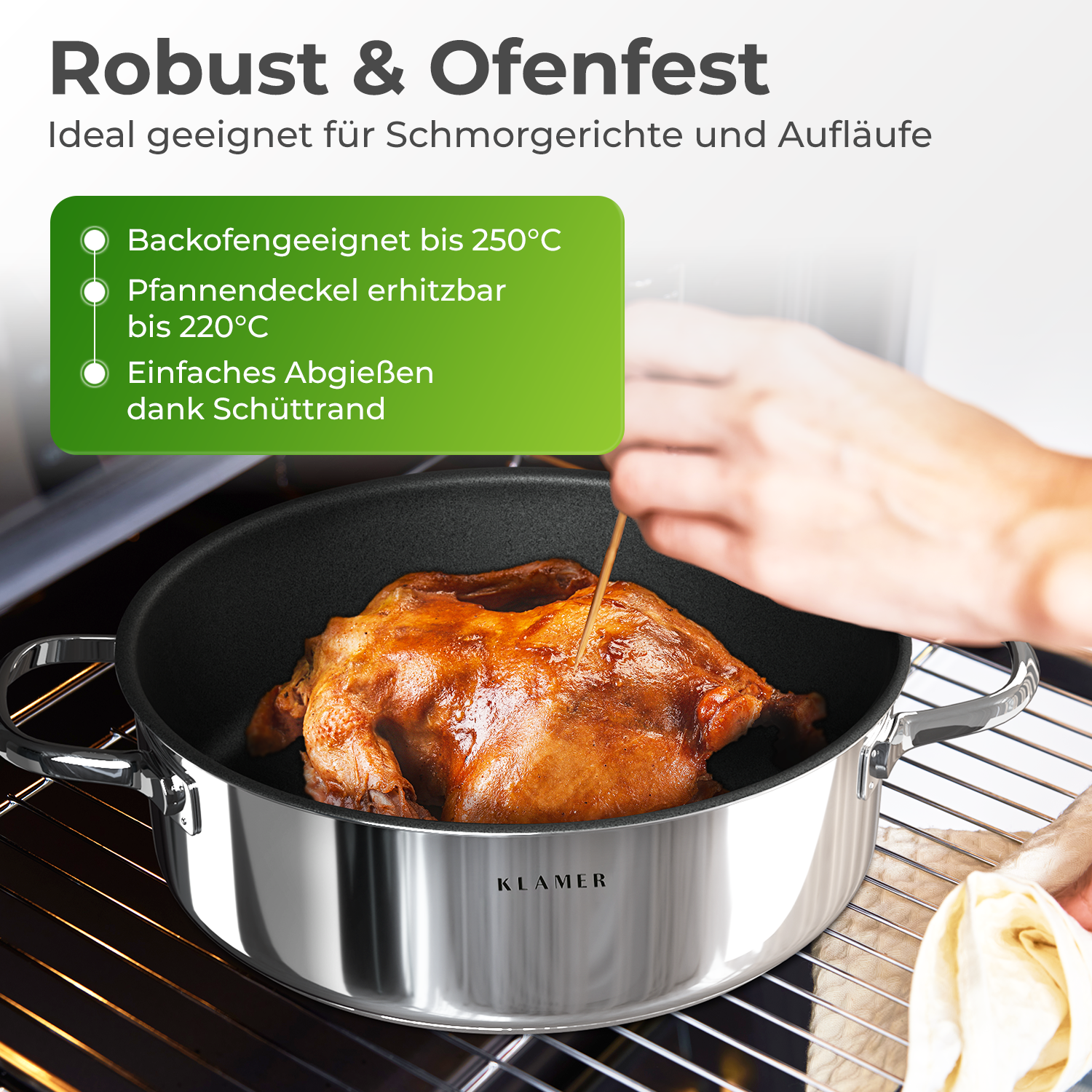 Ein Topf mit einem gebratenen Hähnchen und einem Text über ofenfeste und einfaches Ausgießen.