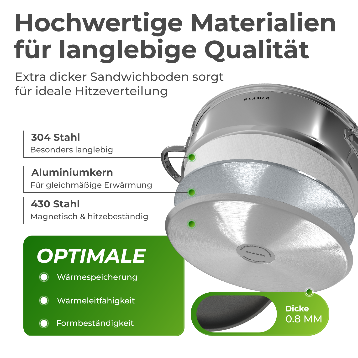 Querschnitt eines Edelstahltopfs mit Schichten und Text: 'Hochwertige Materialien'.