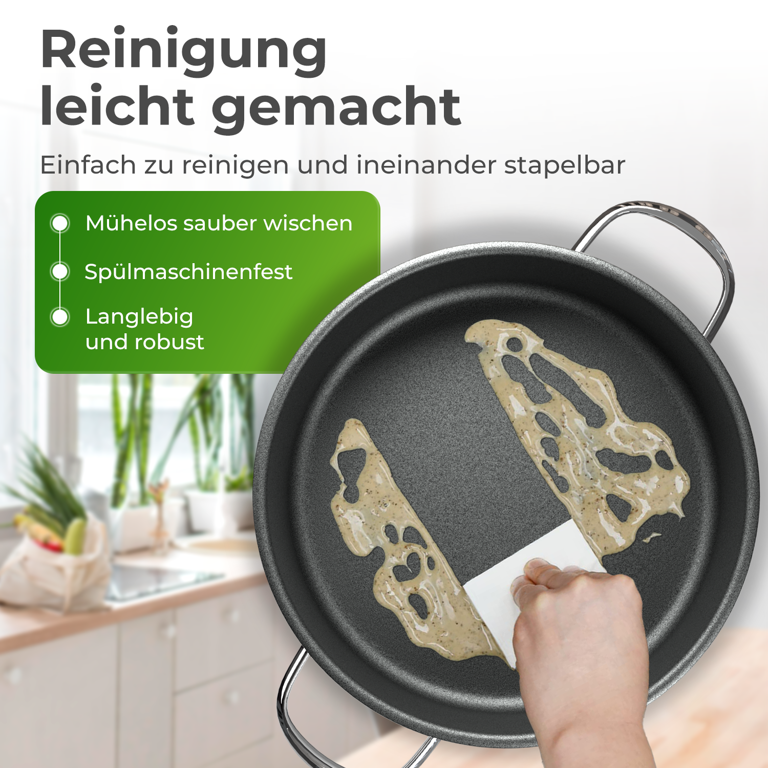 Eine Person reinigt eine Pfanne mit einem weißen Schaber, Text über einfache Reinigung.