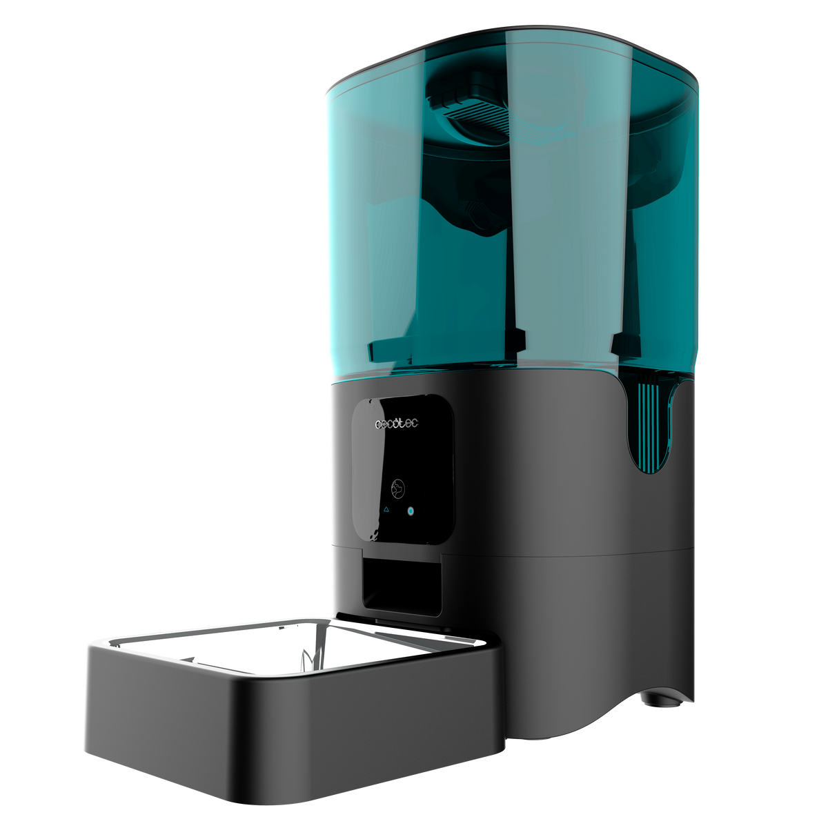 Un comedero automático para mascotas, negro con un recipiente de agua verde azulado y un cuenco de comida.