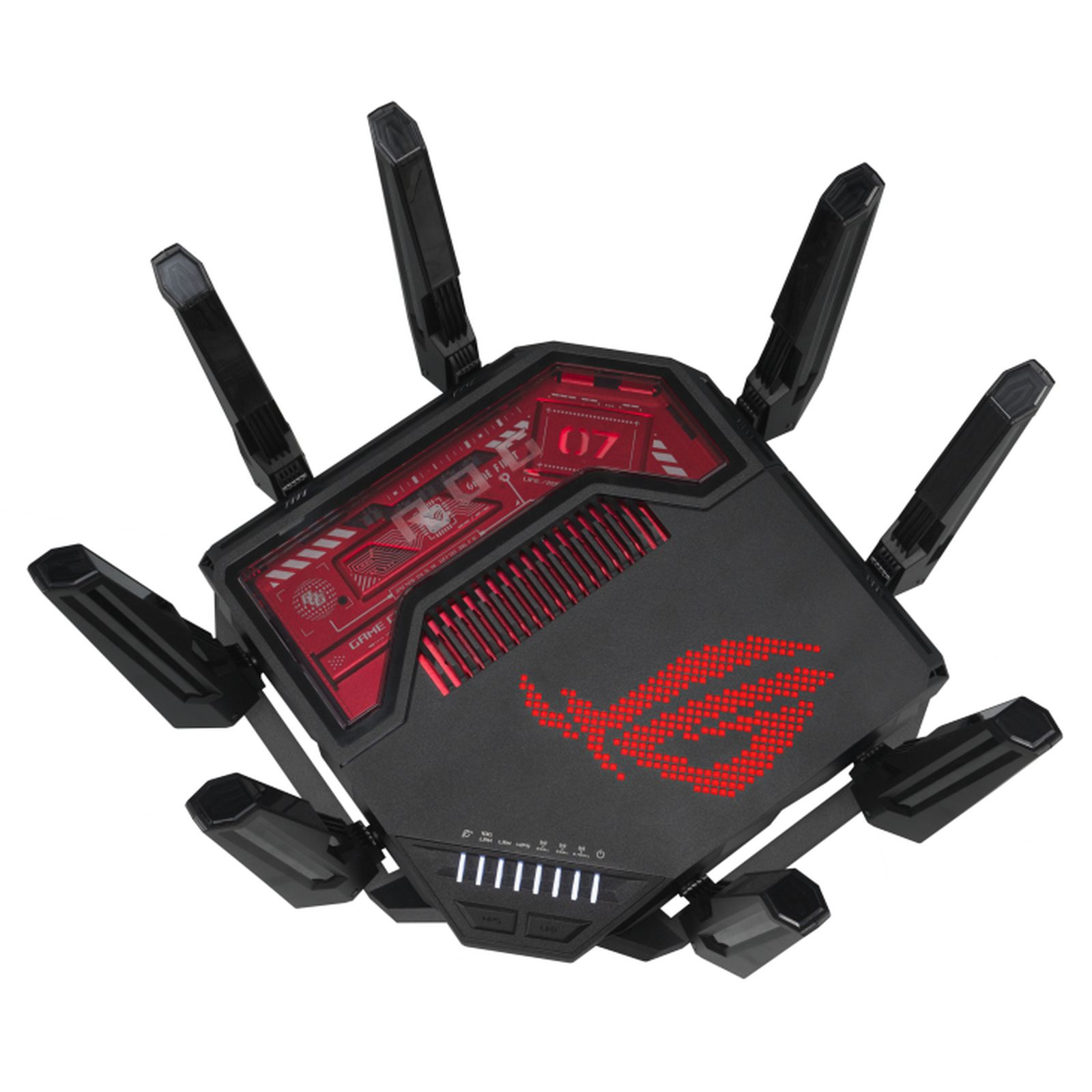 Gaming-Router, schwarz und rot, mit Antennen. Marke ist ASUS, Logo ist sichtbar, mit eingeschalteten Lichtern.