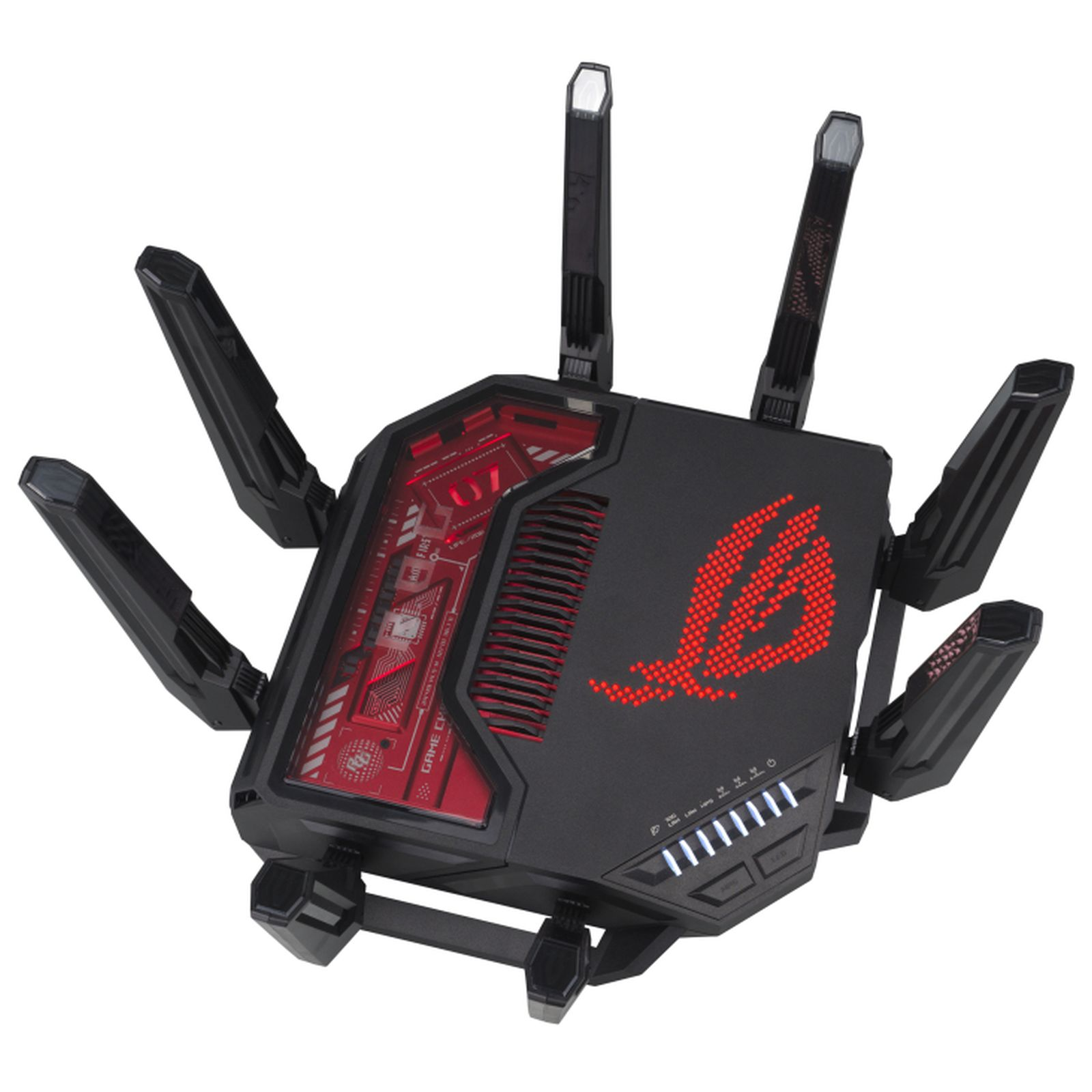 Schwarz-roter Router mit Antennen. Rotes ROG-Logo und interne Komponenten sichtbar.