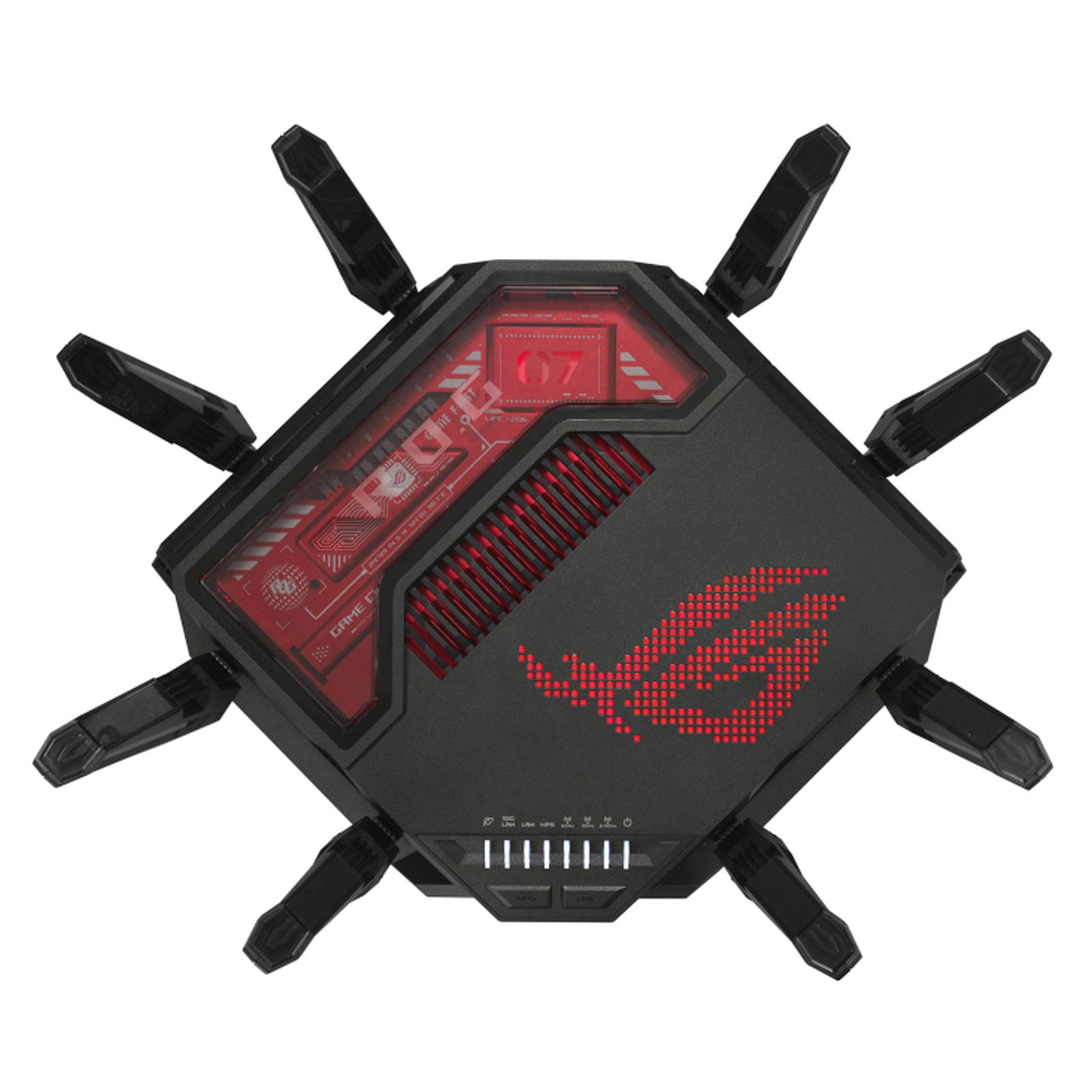 Schwarzer Router mit roten Akzenten und Antennen. Zeigt die Draufsicht mit rotem Innenraum.