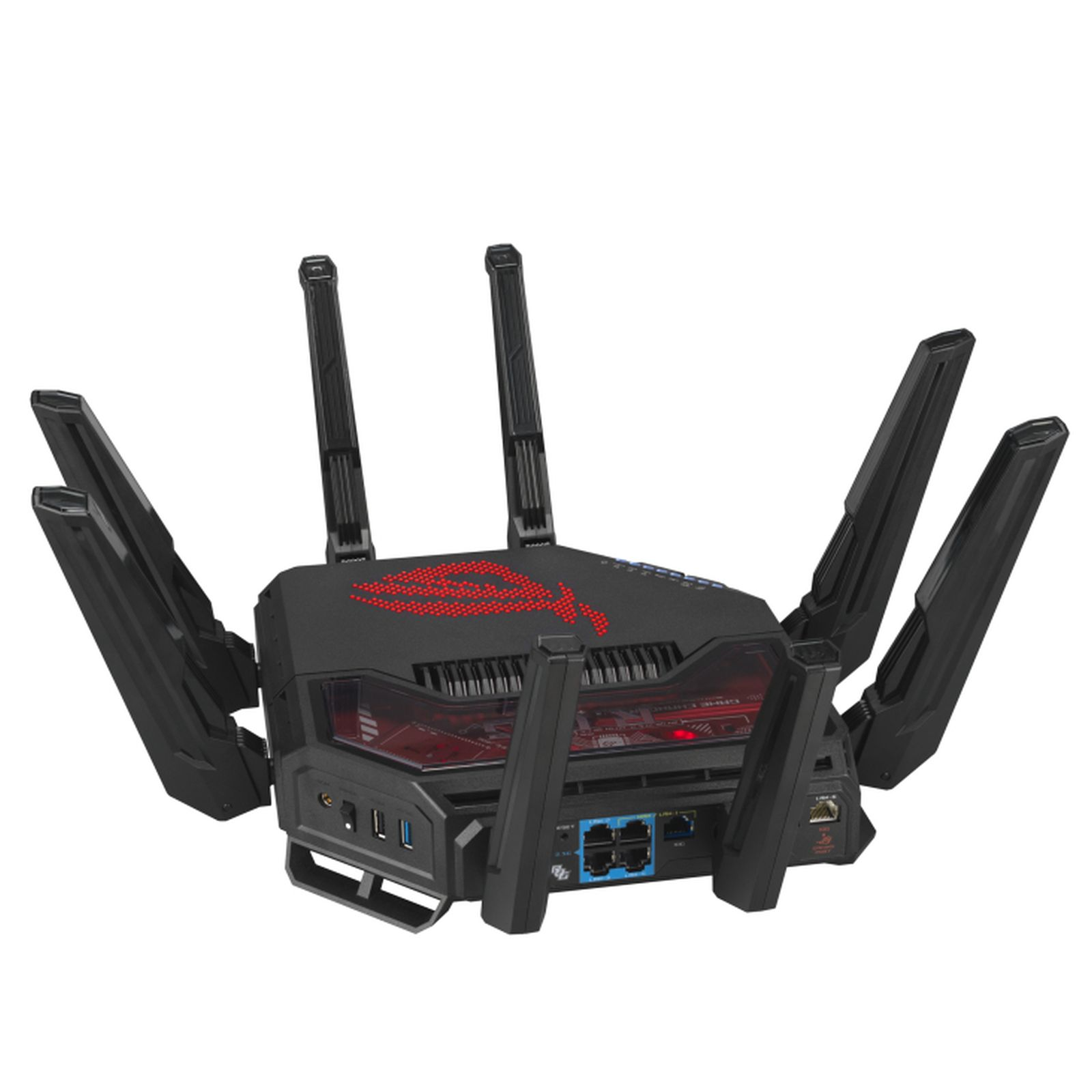 Schwarzer ASUS ROG Router mit Antennen. Rote Lichtakzente. Weißer Hintergrund.