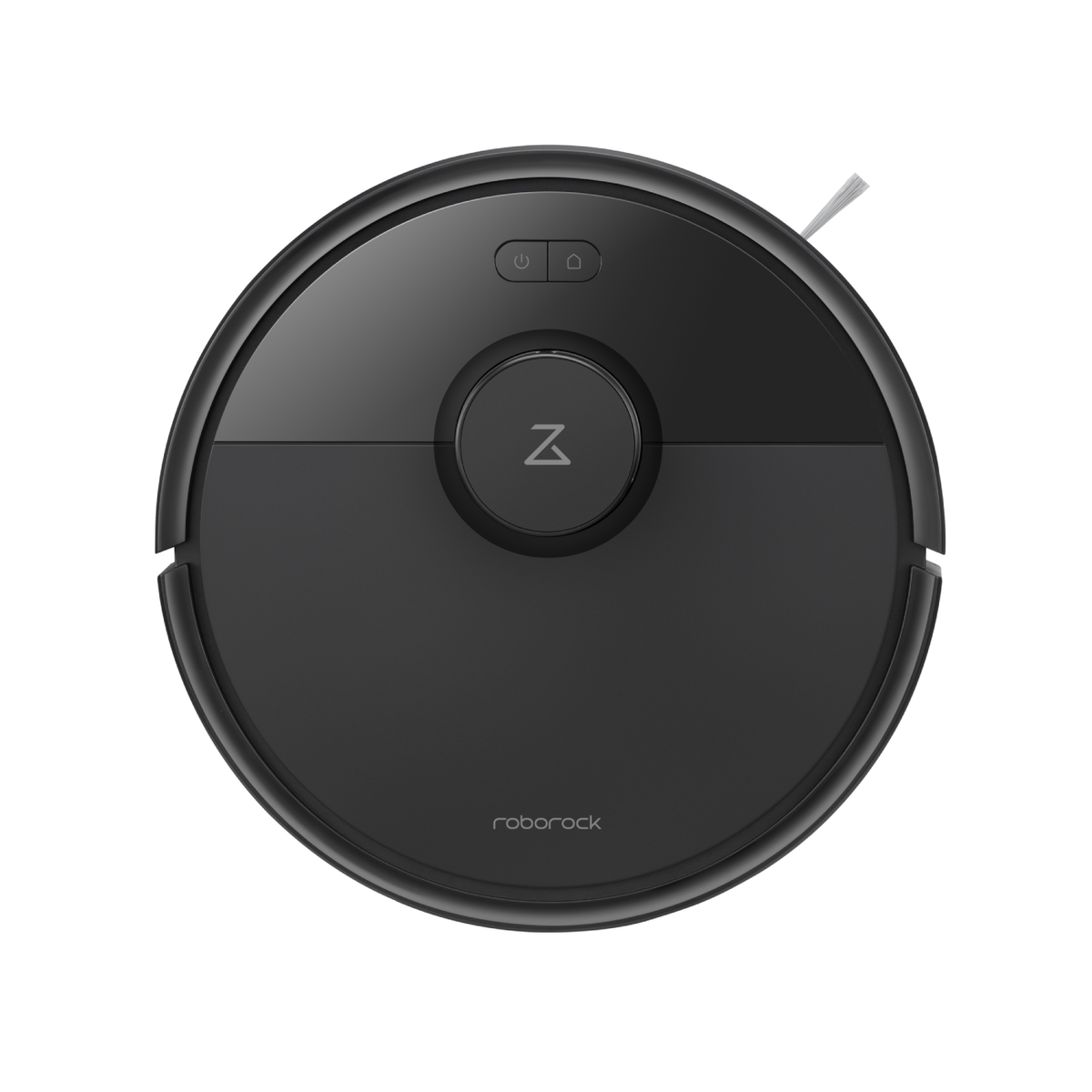 A black, round robot vacuum cleaner with a top-down view.