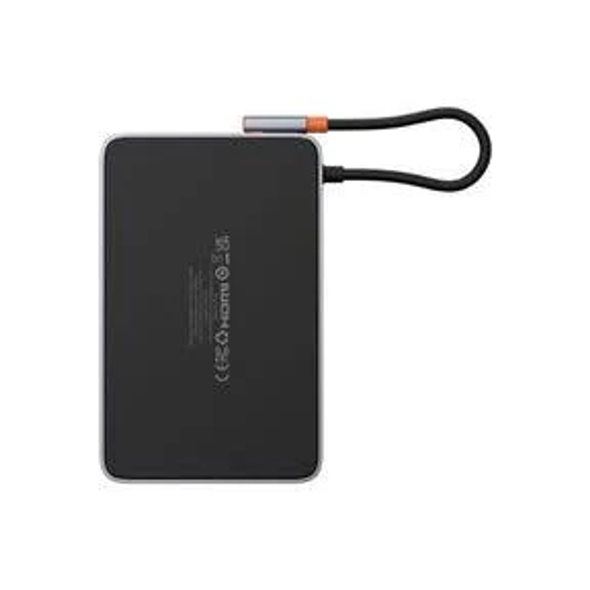 Un rectángulo negro con un cable negro. El lateral tiene un color metálico.