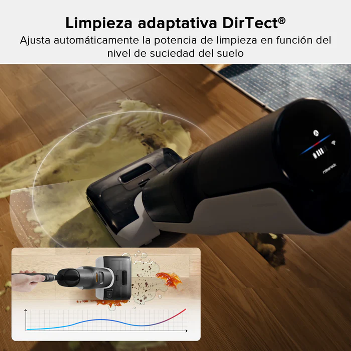 Staubsauger reinigt einen schmutzigen Holzboden. Zeigt ein Display und ein Diagramm.