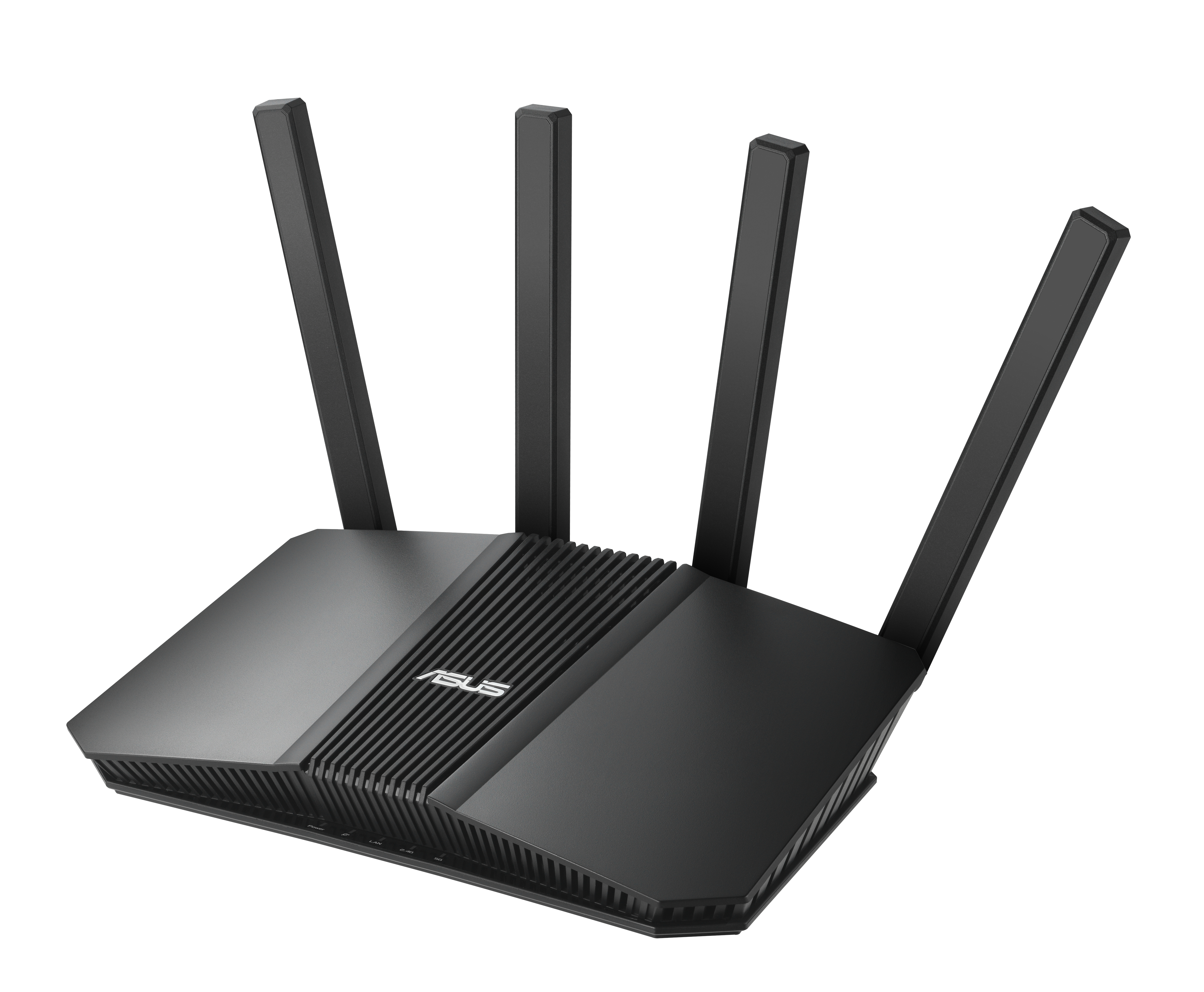 Dört antenli siyah ASUS yönlendirici, köşelere doğru açılı. ASUS logosu görünür.