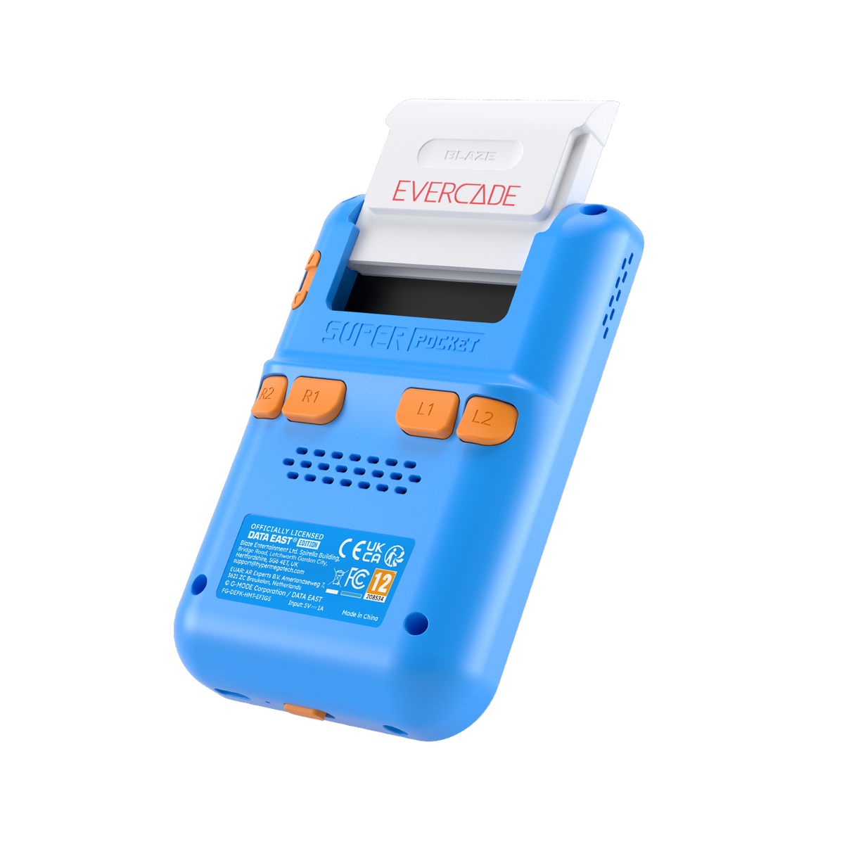 Consola de juegos portátil azul con cartucho blanco insertado. Botones y texto naranja visibles.
