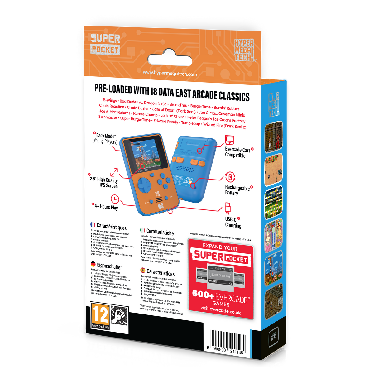 Consola de juegos portátil Super Pocket. Esquema de color azul y naranja con títulos de juegos.