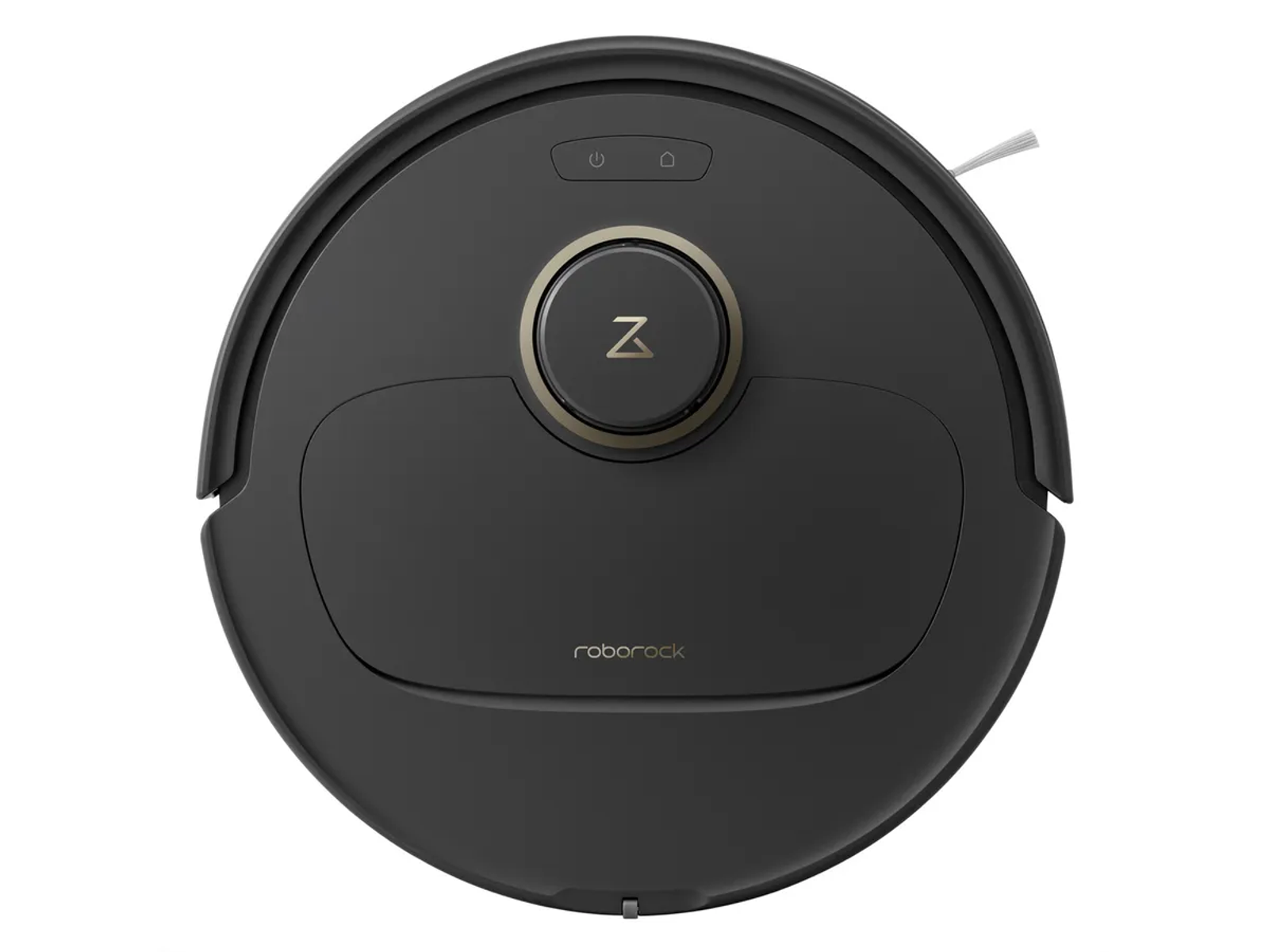 Widok z góry czarnego, okrągłego robota sprzątającego na białym tle.