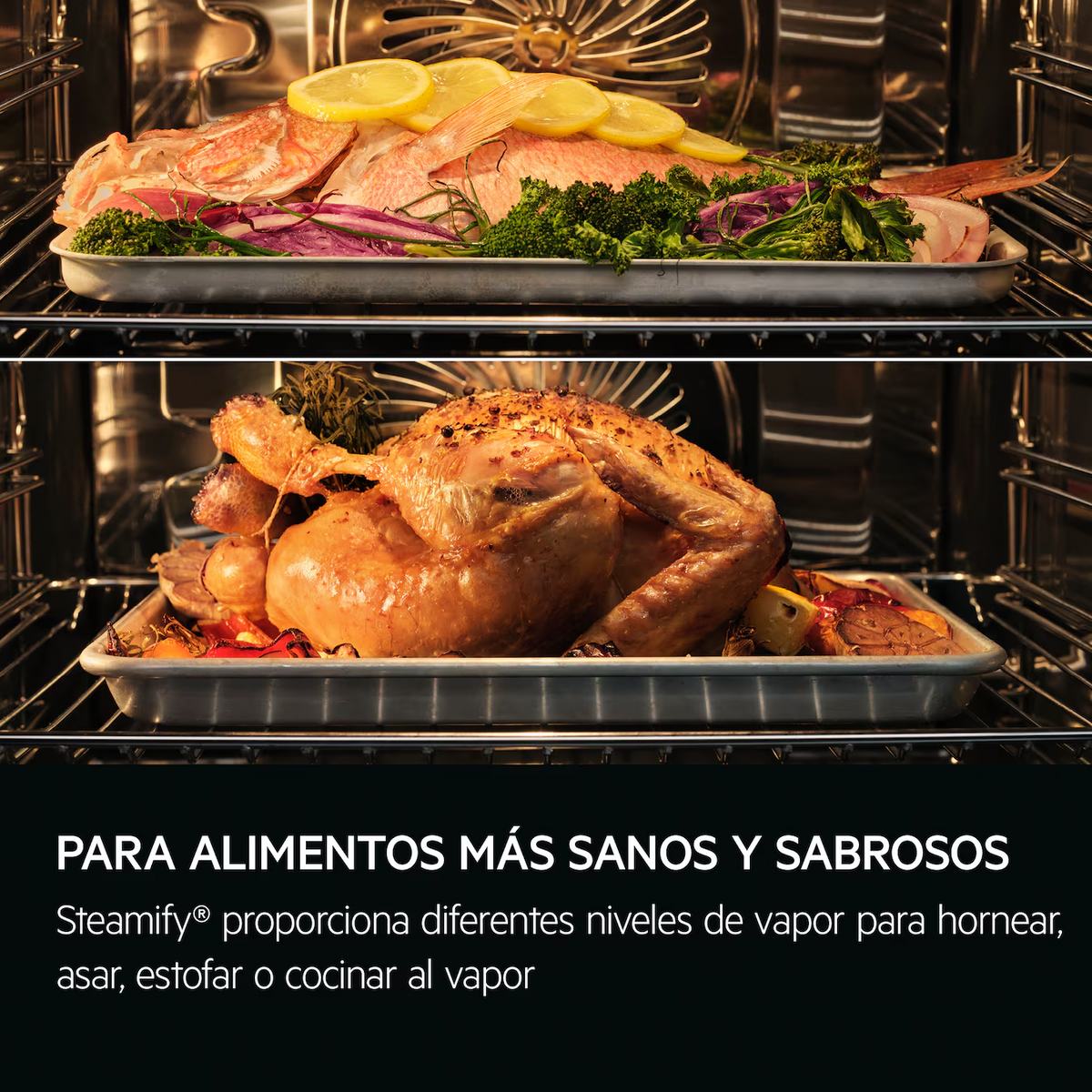 Dwie tace z jedzeniem w piekarniku. Tekst: dla zdrowszej i smaczniejszej żywności.