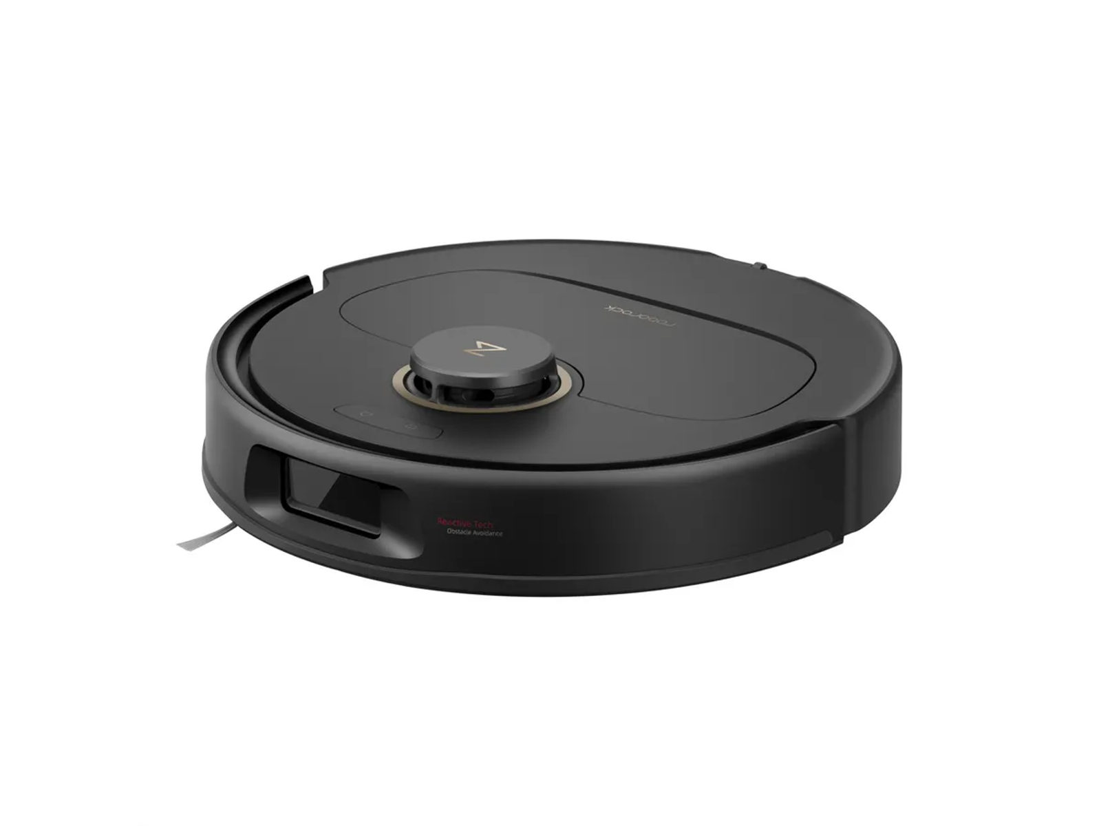Czarny odkurzacz robot na białym tle.