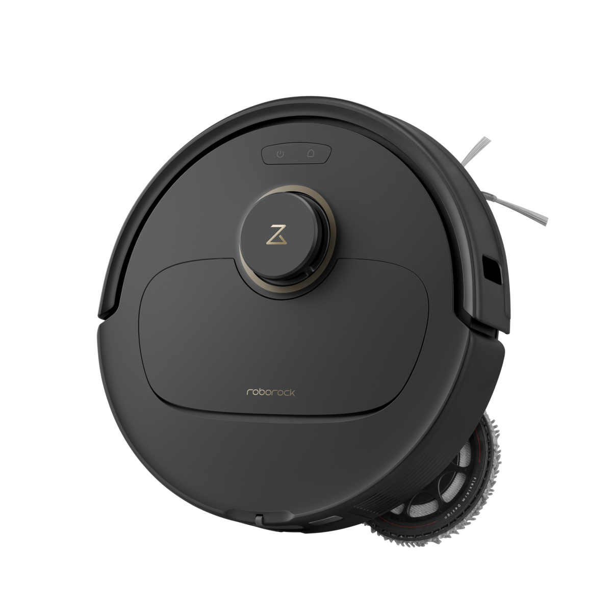 Black Roborock robot vacuum cleaner on a black background, with a Z button.