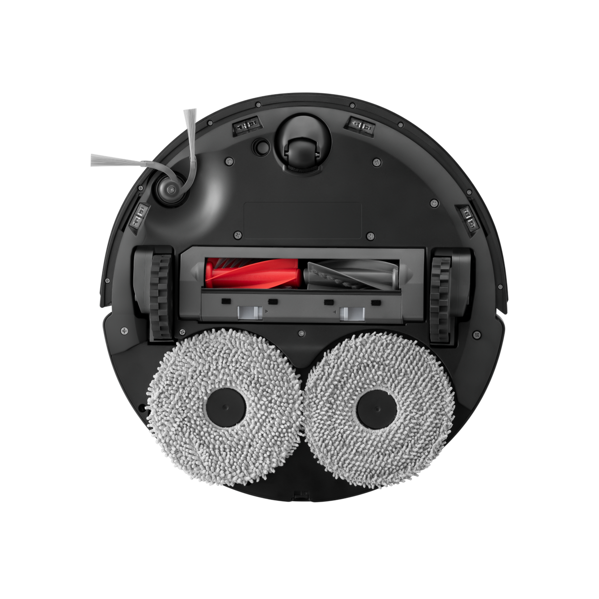 Robot vacuum cleaner with two round pads and a red brush.