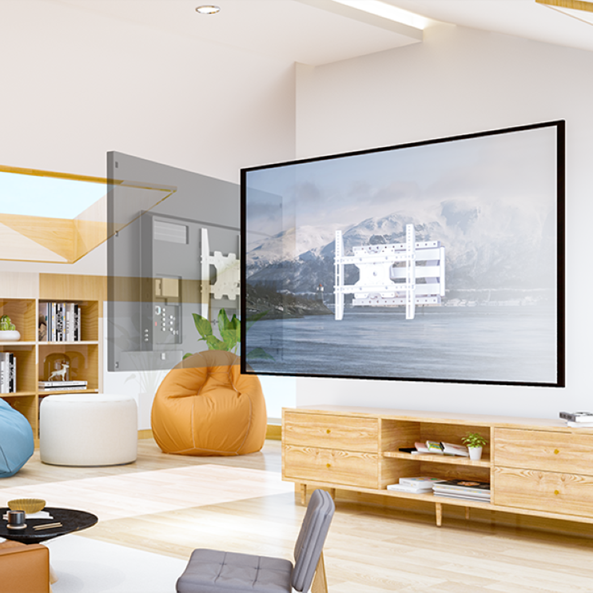 Een woonkamerscène. Een tv aan de muur, een zitzak, een bank. Houten meubels. Helder en schoon.