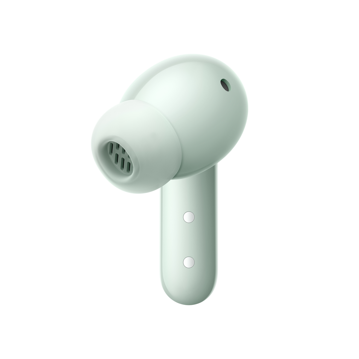 Jasnozielona bezprzewodowa słuchawka douszna. Widoczna jedna słuchawka. Zaokrąglony kształt z mikrofonem i dwoma kropkami.