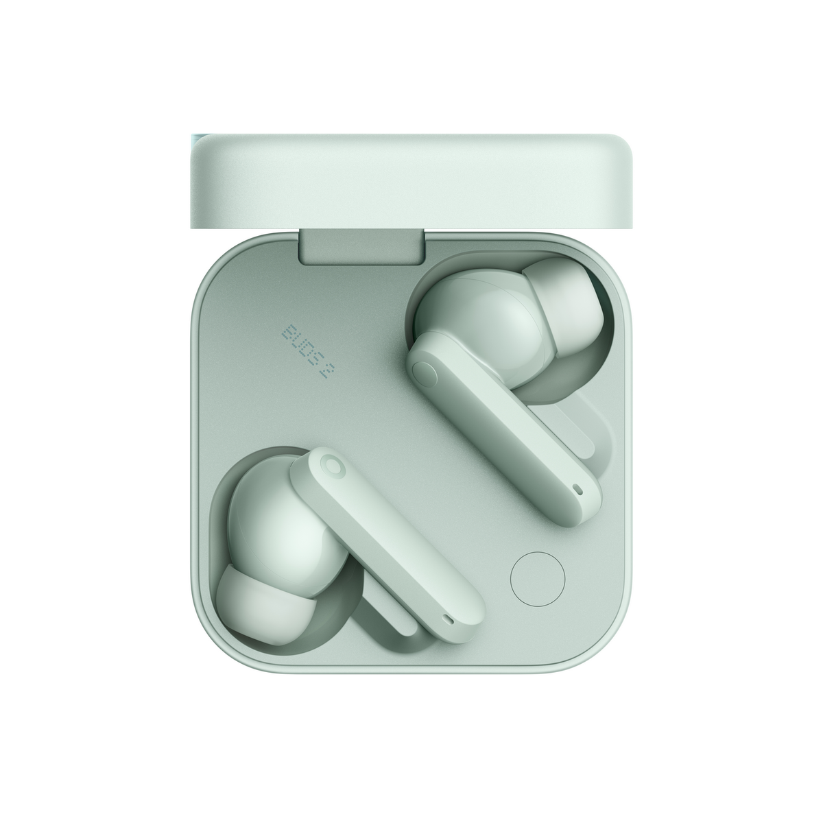 Miętowe słuchawki Buds 2 w etui, widok z góry, otwarte. Białe tło.