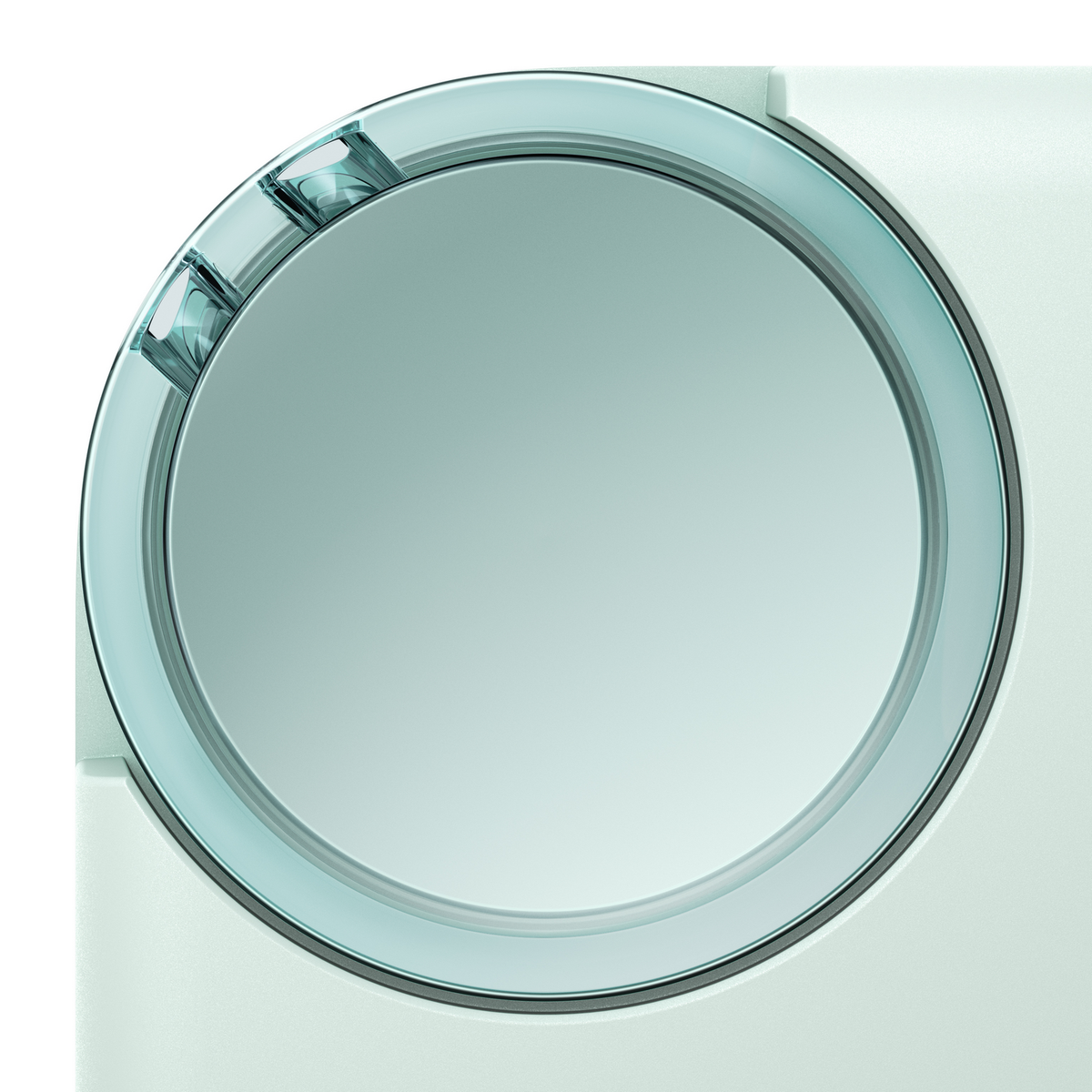 Okrągłe, jasnozielone urządzenie z przezroczystym niebieskim pierścieniem. Wygląda na urządzenie smart home.