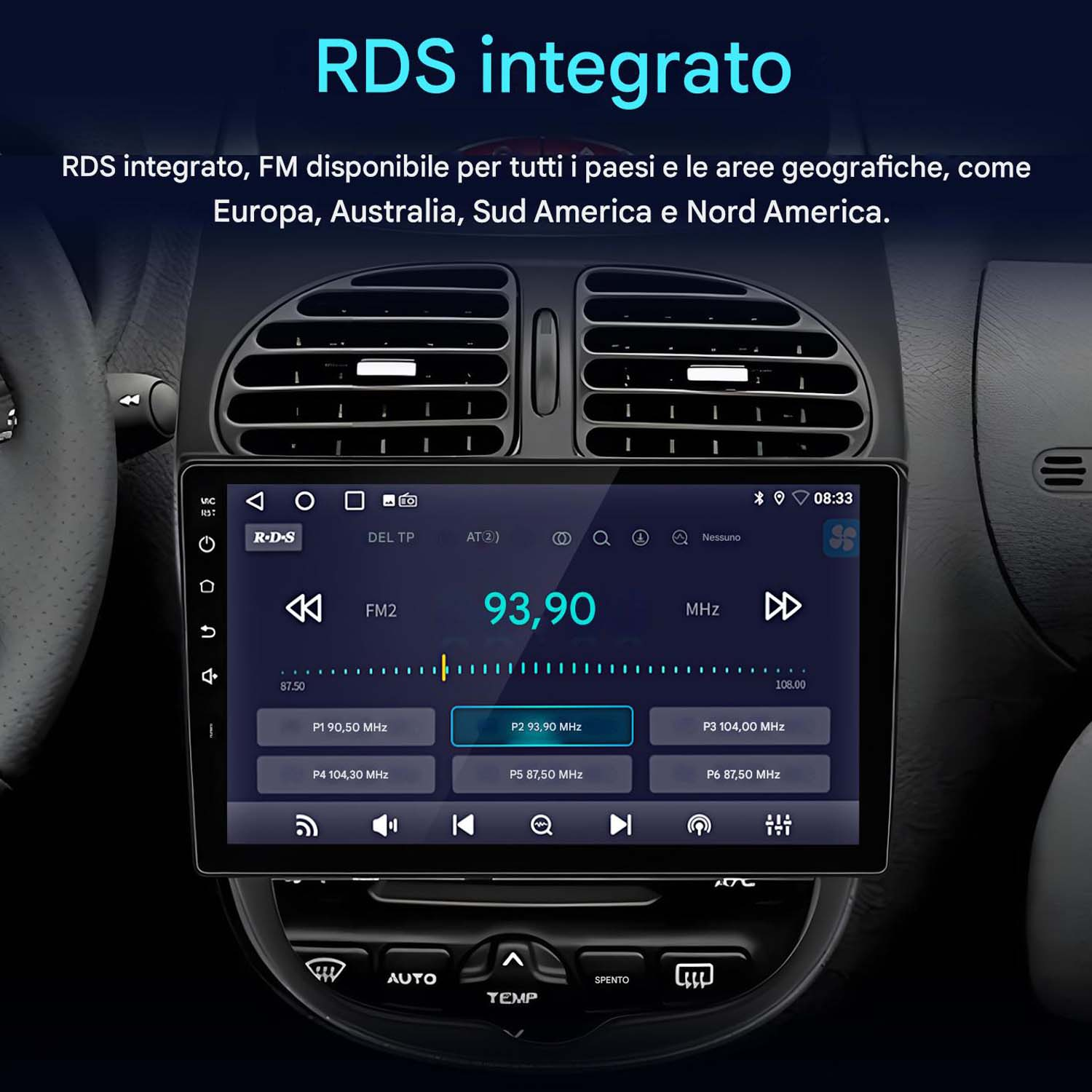 Impianto stereo per auto che mostra l'interfaccia radio con informazioni RDS e impostazioni di frequenza FM.