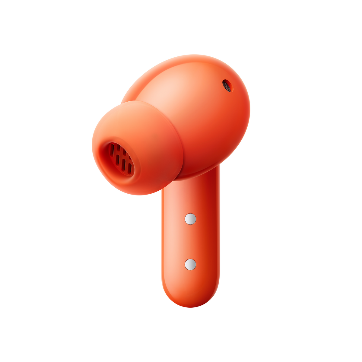 Pomarańczowa słuchawka na białym tle.