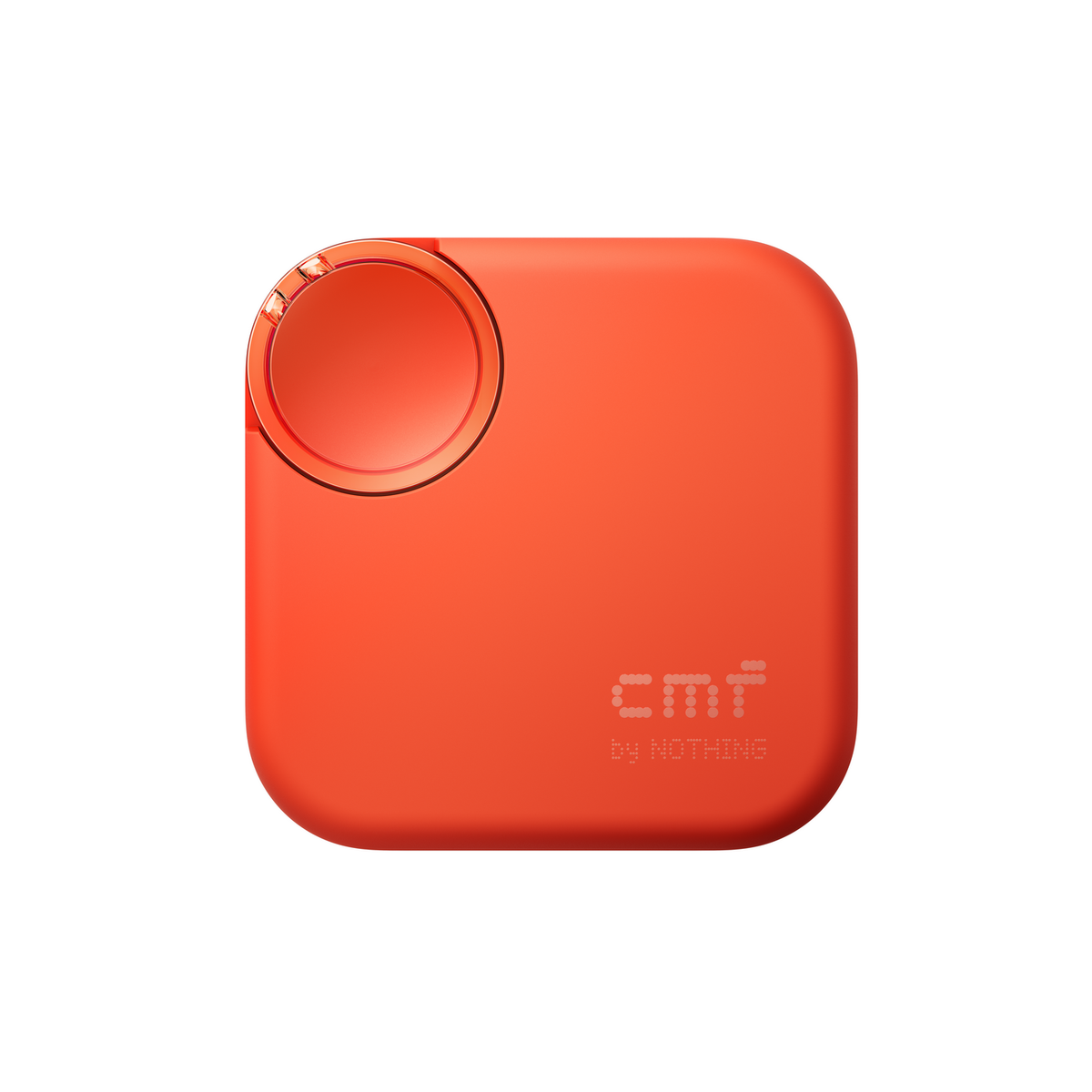 Pomarańczowy kwadratowy tracker z przyciskiem i logo. Białe tło.