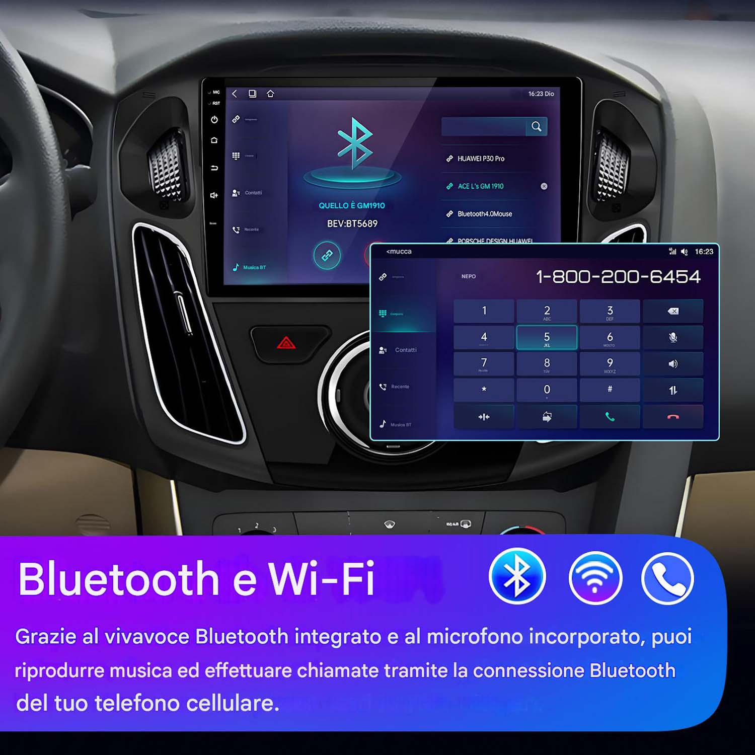 Cruscotto auto con schermo che mostra le impostazioni Bluetooth e interfaccia telefonica per chiamate.