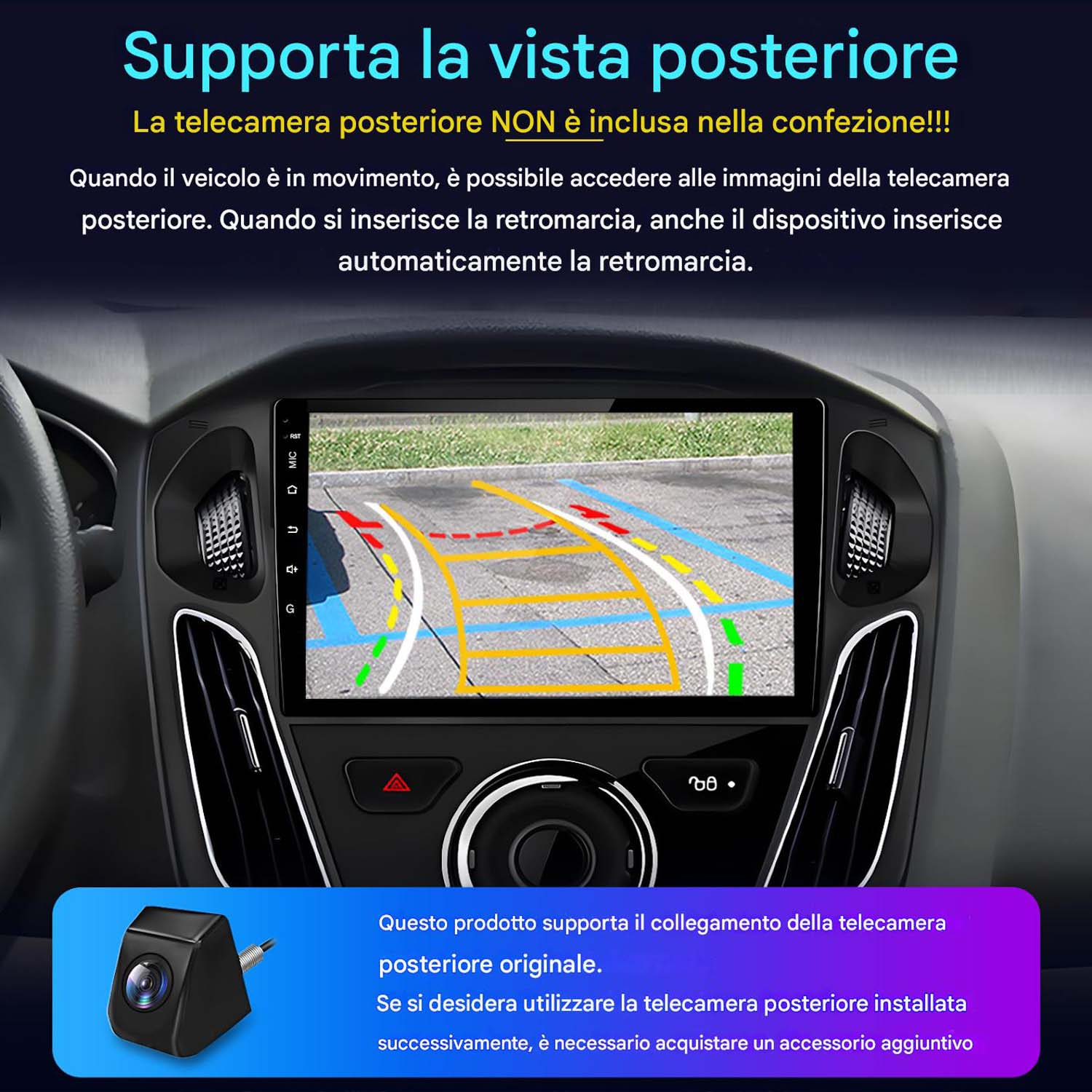 Interni auto con schermo che mostra il feed della telecamera posteriore.