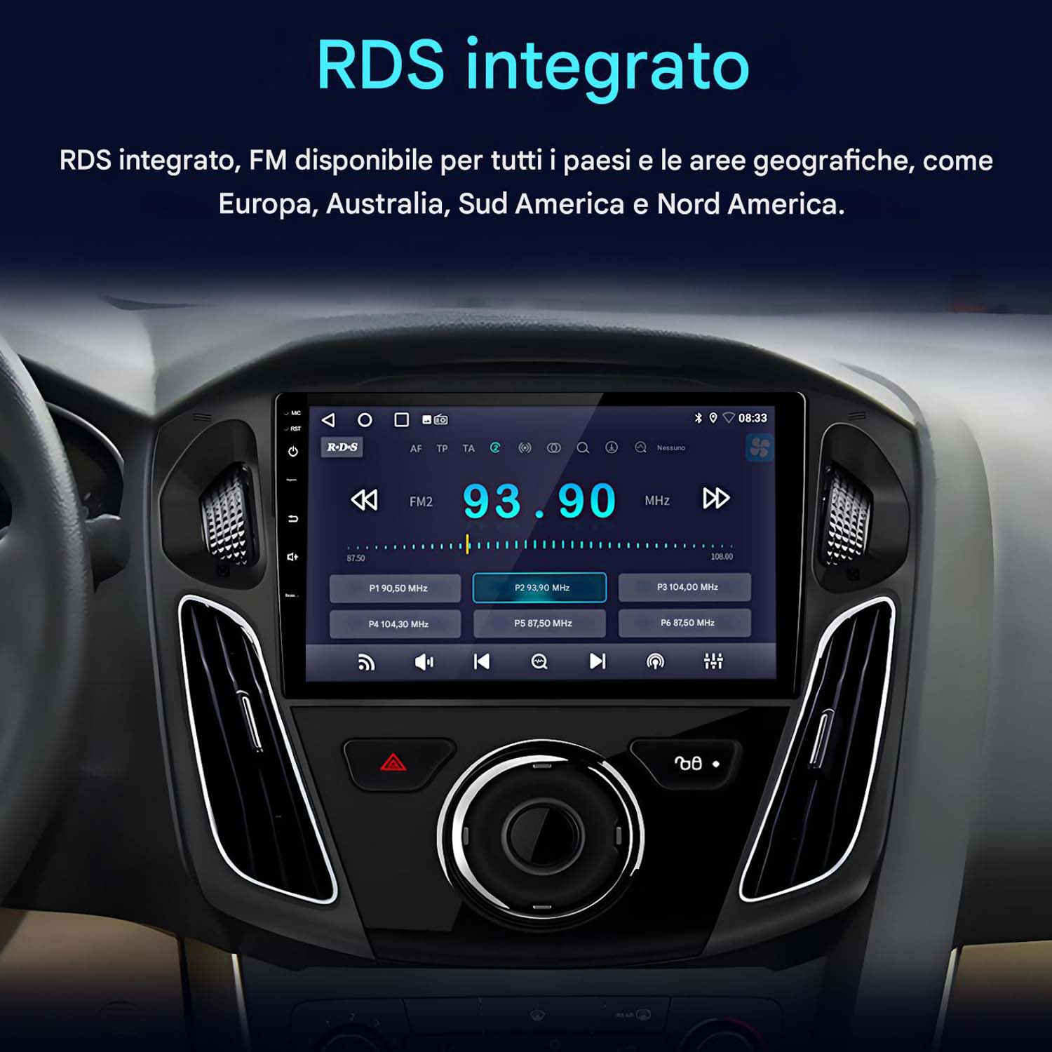 Uno schermo radiofonico per auto che mostra informazioni radio FM. Lo schermo mostra la frequenza.