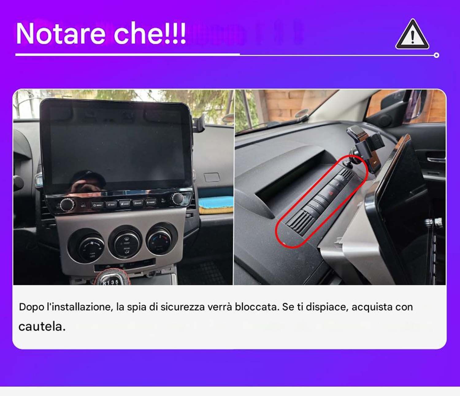 Interno auto con schermo digitale e segnale di avvertimento sulle funzioni di sicurezza.