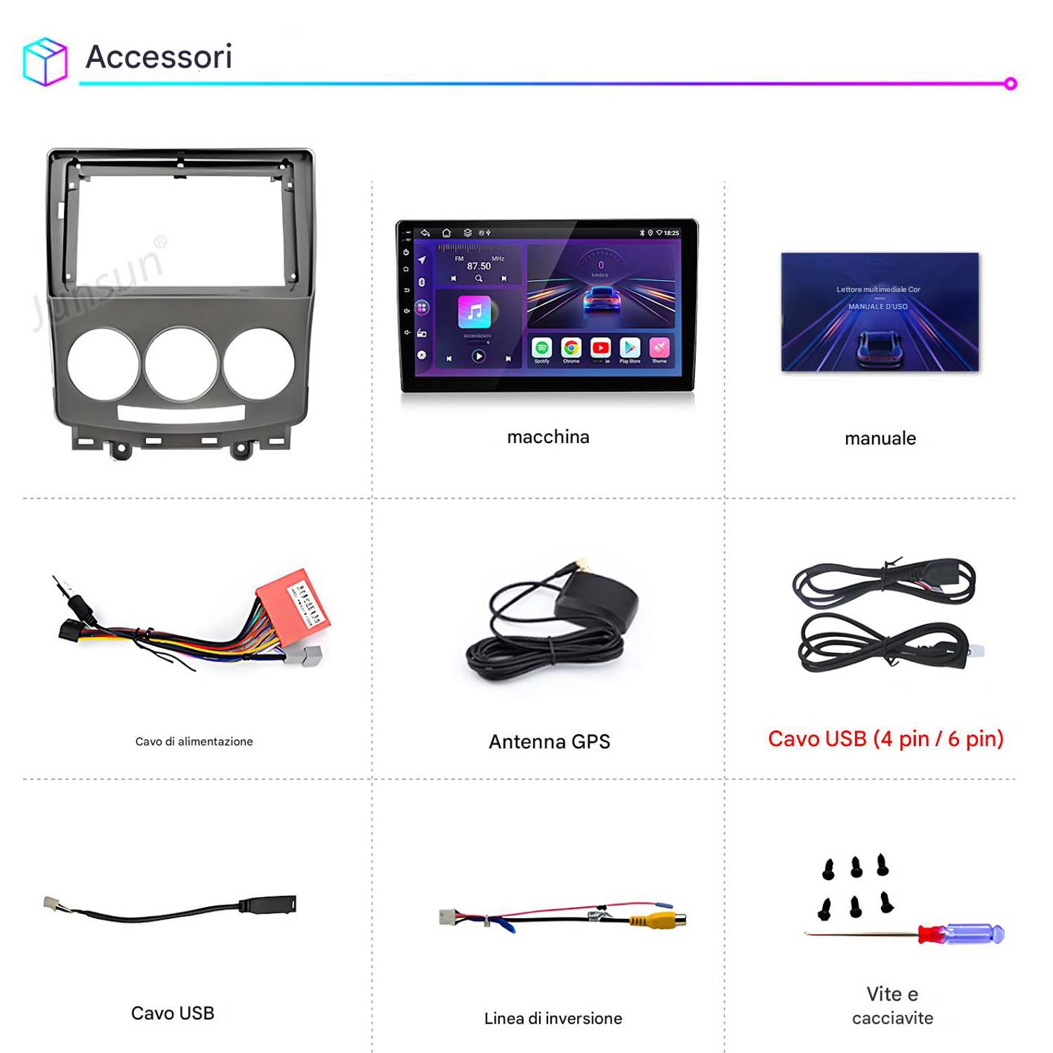 Immagine che mostra gli accessori per un sistema multimediale per auto.