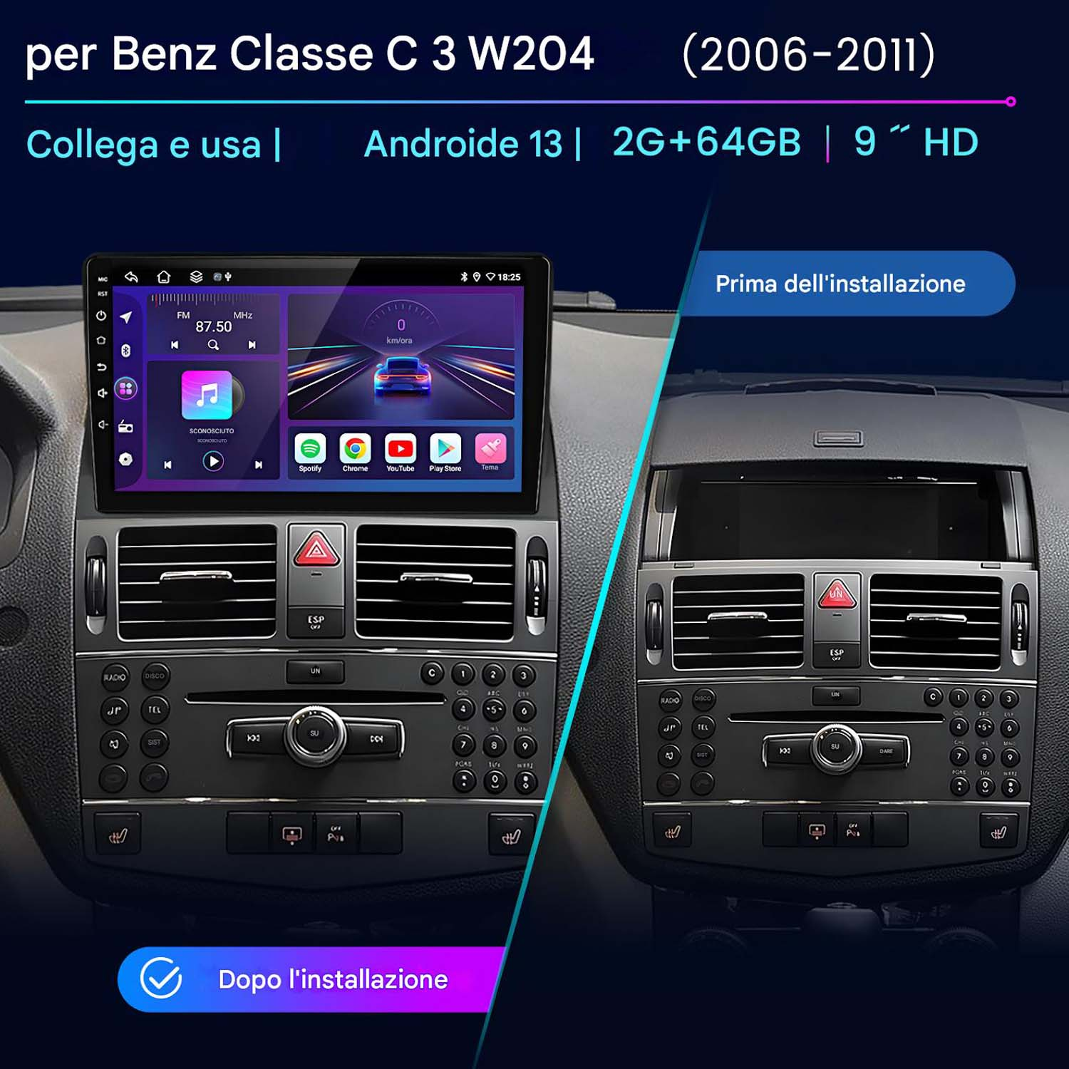 Interfaccia dell'impianto stereo per auto che mostra radio, navigazione e icone delle app, con istruzioni di installazione.