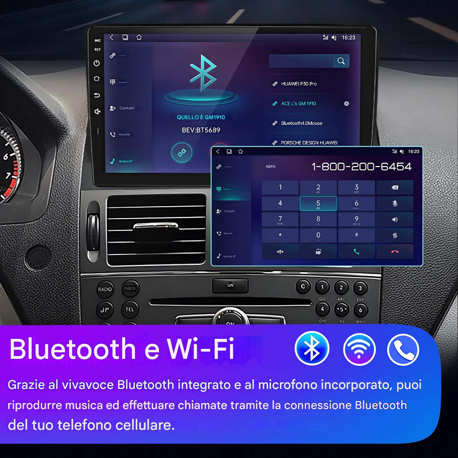 Cruscotto auto con display touchscreen. Mostra le opzioni Bluetooth e Wi-Fi.